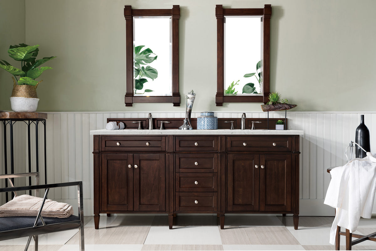 Renovate for Less Atlanta Brittany 72" Double Vanity, Burnished Mahogany w/ 3 CM Eternal Jasmine Pearl Silestone Top w/FreePower Wireless Charger