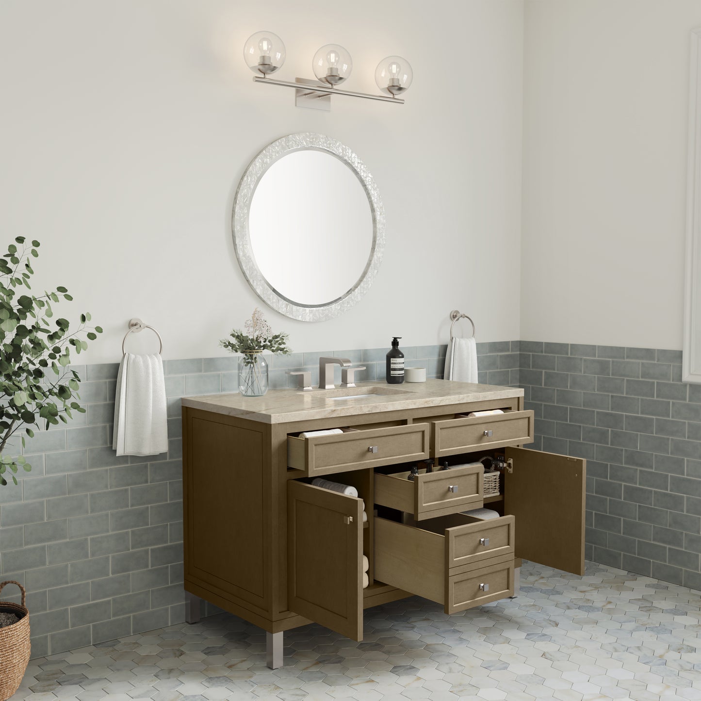 Renovate for Less Atlanta Chicago 48" Single Vanity, Walnut Whisper, w/ 3 CM Tajnar Eclos Top w/FreePower Wireless Charger
