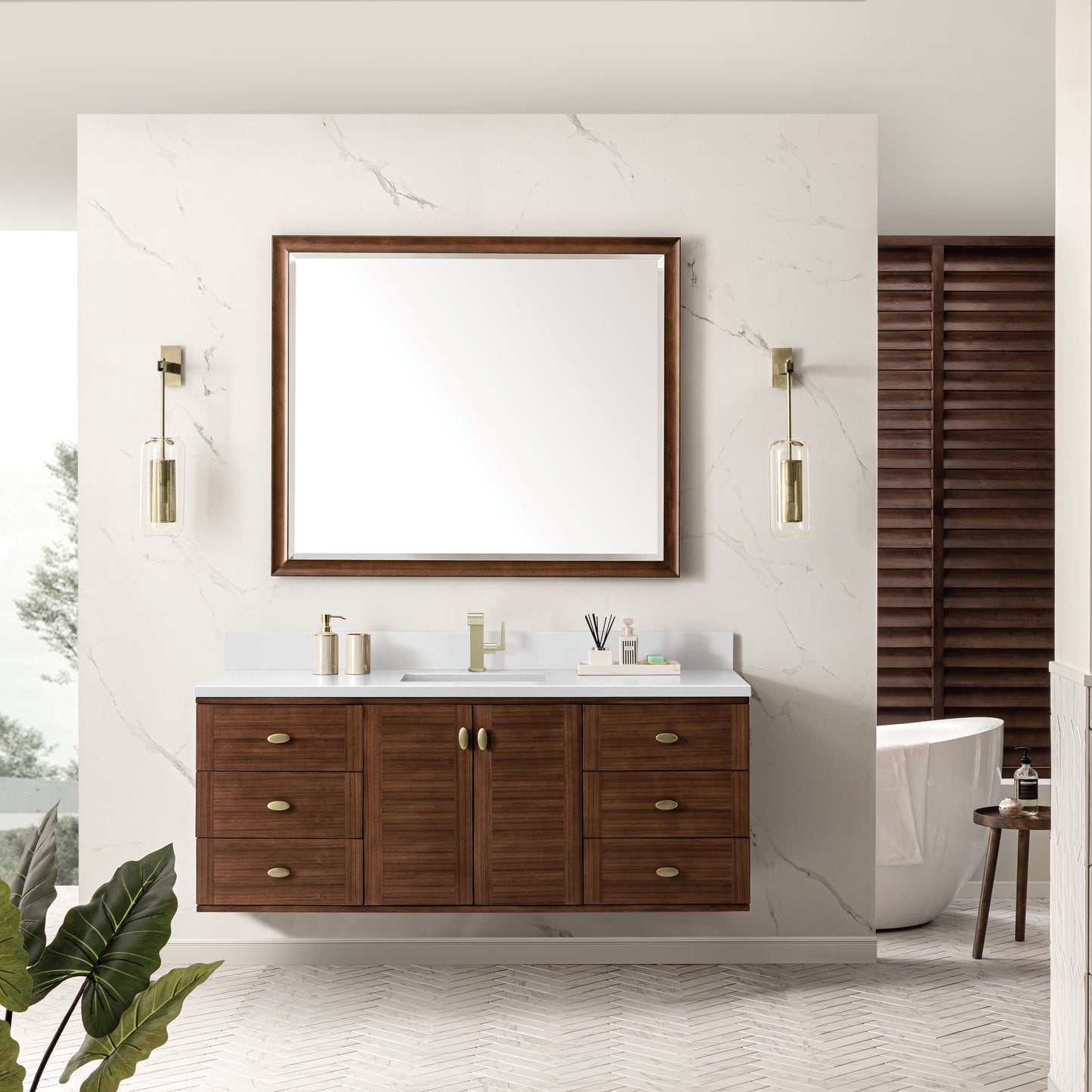 Renovate for Less Atlanta Amberly 60" Single Vanity, Mid-Century Walnut w/ Single Hole 3 CM White Zeus Top & Backsplash