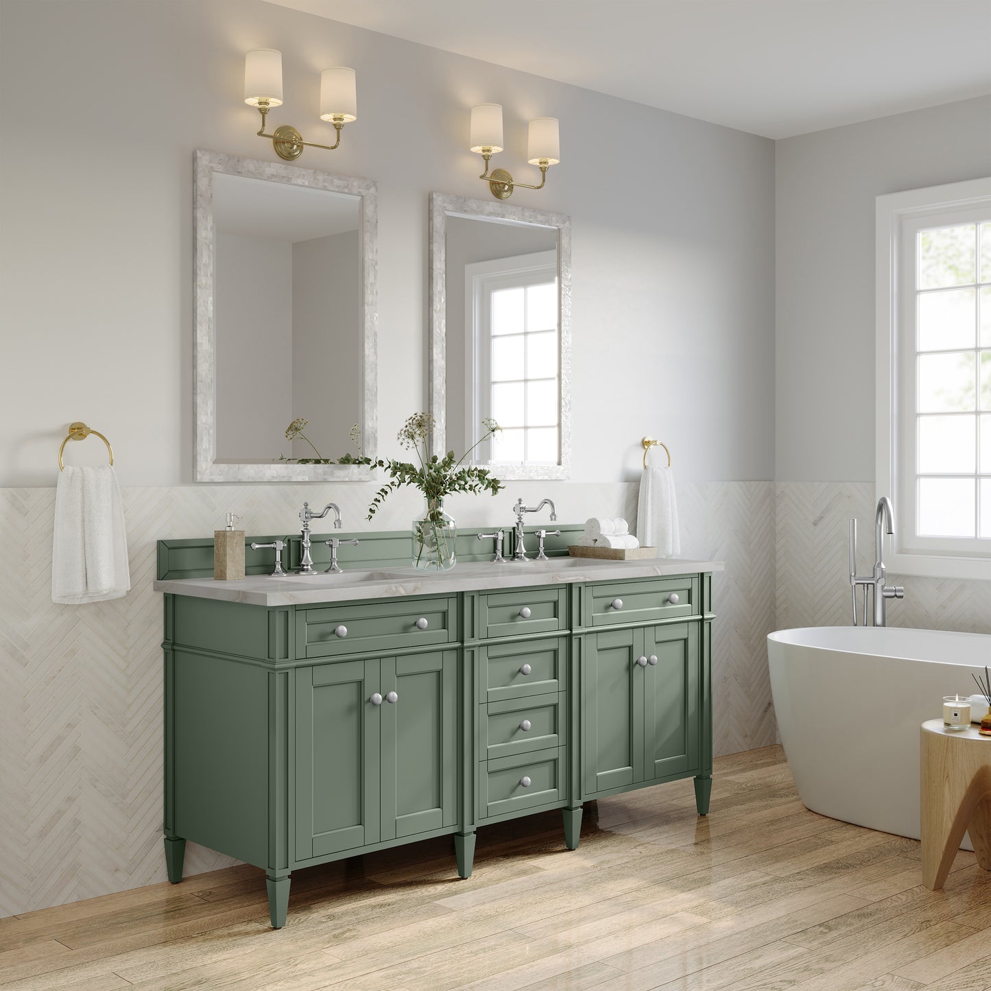 Renovate for Less Atlanta Brittany 72" Double Vanity, Smokey Celadon w/ 3 CM Victorian Silver Top