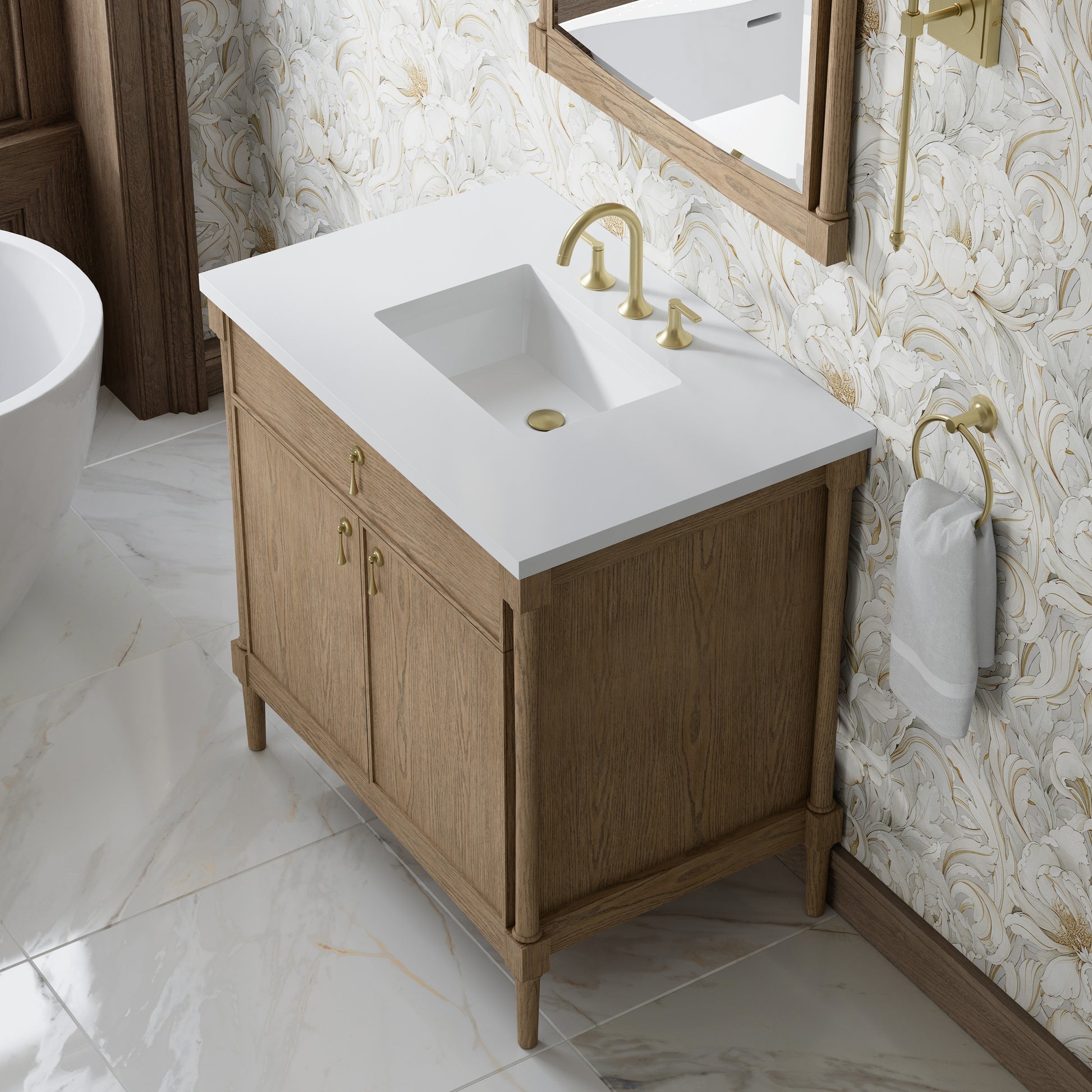 Renovate for Less Atlanta Kinnsden 36" Single Vanity, Weathered Oak w/ 3 CM White Zeus Silestone Top