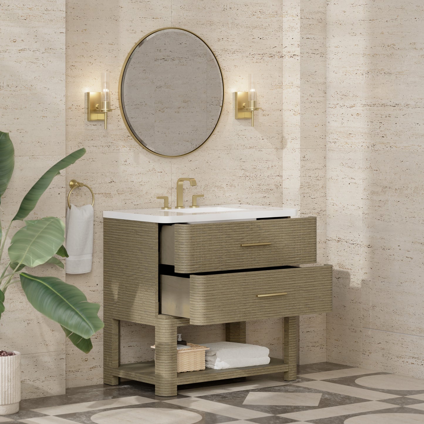 Renovate for Less Atlanta Lucian 36" Single Vanity, Pebble Oak w/ 3 CM White Zeus Silestone Widespread Top