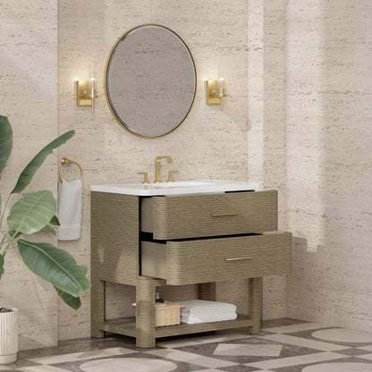 Renovate for Less Atlanta Lucian 36" Single Vanity, Pebble Oak w/ 3 CM White Zeus Silestone Widespread Top
