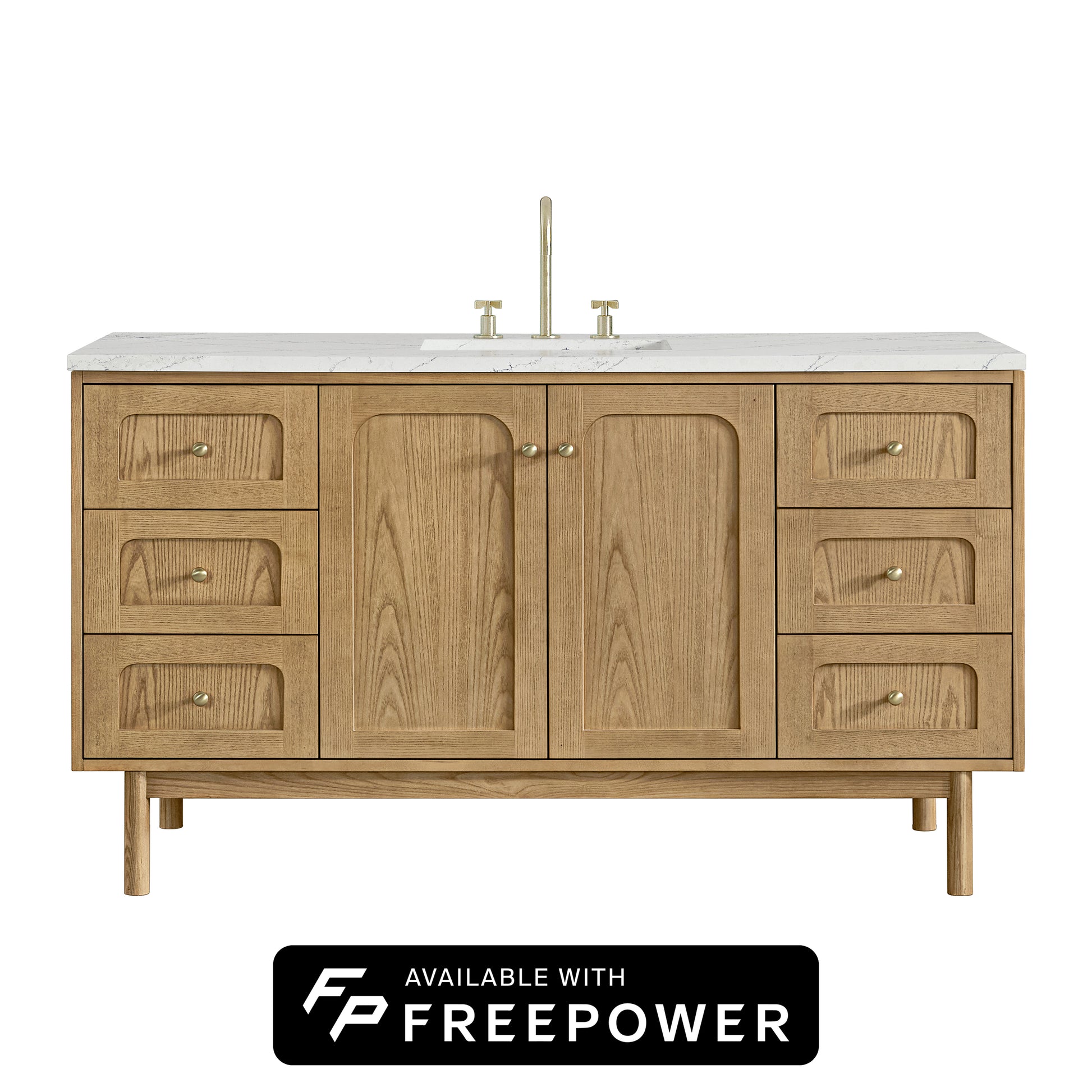 Renovate for Less Atlanta Laurent 60" Single Vanity, Light Natural Oak, w/ 3 CM Ethereal Noctis Silestone Top w/ FreePower Wireless Charger