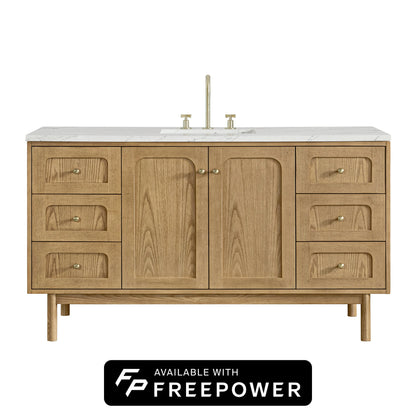 Laurent 60" Single Vanity, Light Natural Oak, w/ 3 CM Ethereal Noctis Silestone Top w/ FreePower Wireless Charger