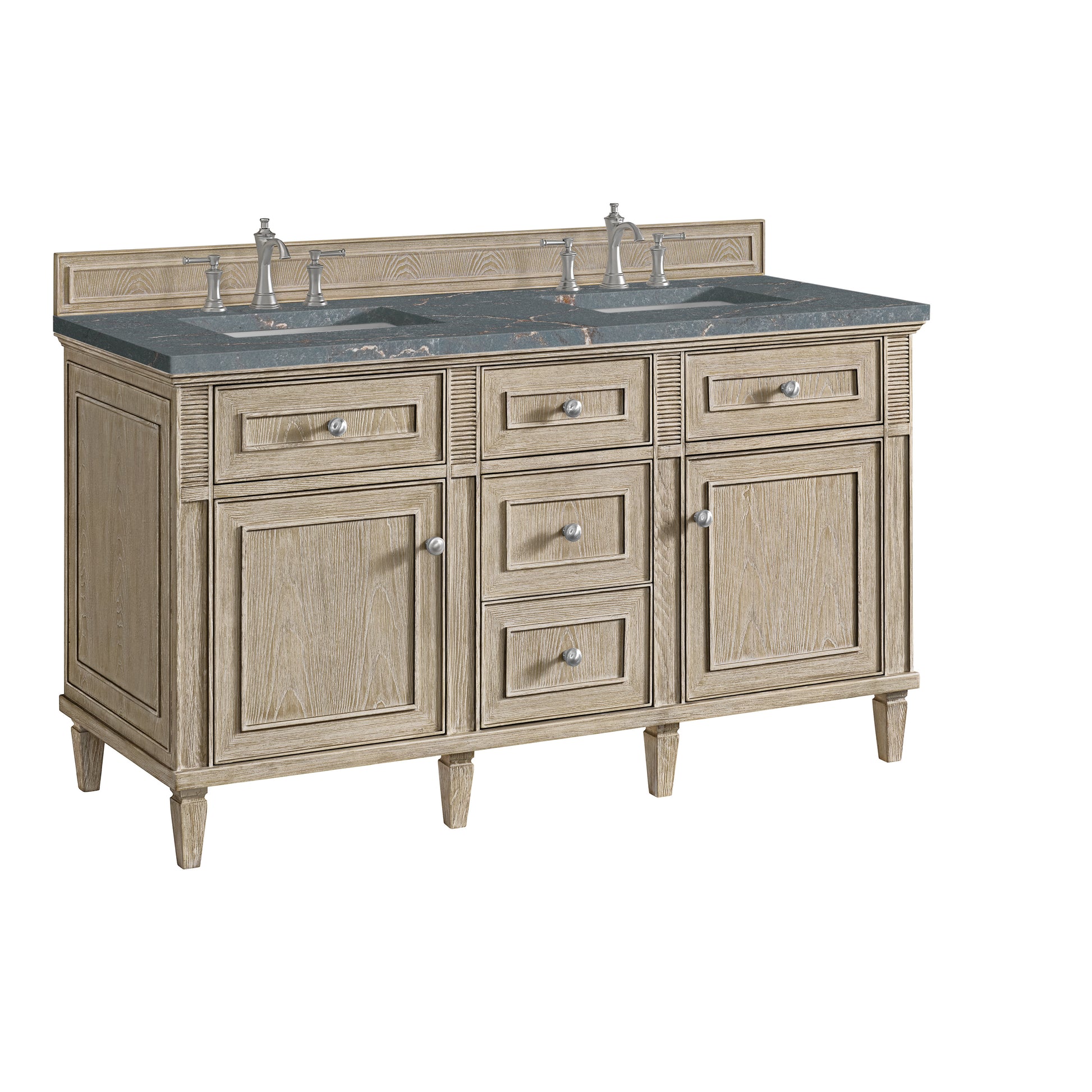 Renovate for Less Atlanta Lorelai 60" Double Vanity, Whitewashed Oak w/ 3 CM Parisien Bleu Silestone Top w/FreePower Wireless Charger