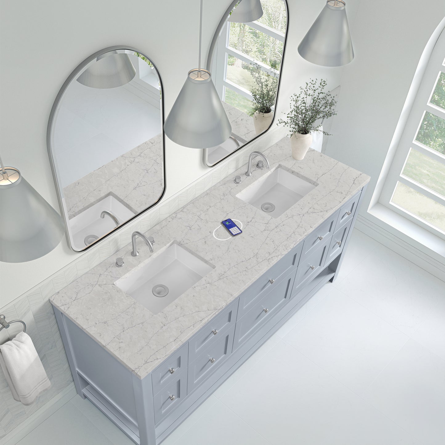 Renovate for Less Atlanta Breckenridge 72" Double Vanity, Serenity Blue, w/ 3 CM Eternal Jasmine Pearl Quartz Top w/FreePower Wireless Charger