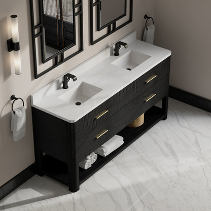 Renovate for Less Atlanta Lucian 72" Double Vanity, Carbon Oak w/ 3 CM White Zeus Silestone Top