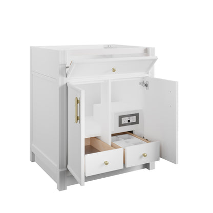 Renovate for Less Atlanta Bellshire 30" Single Vanity, Bright White w/ Single Hole 3 CM White Zeus Silestone Top and Matching Backsplash