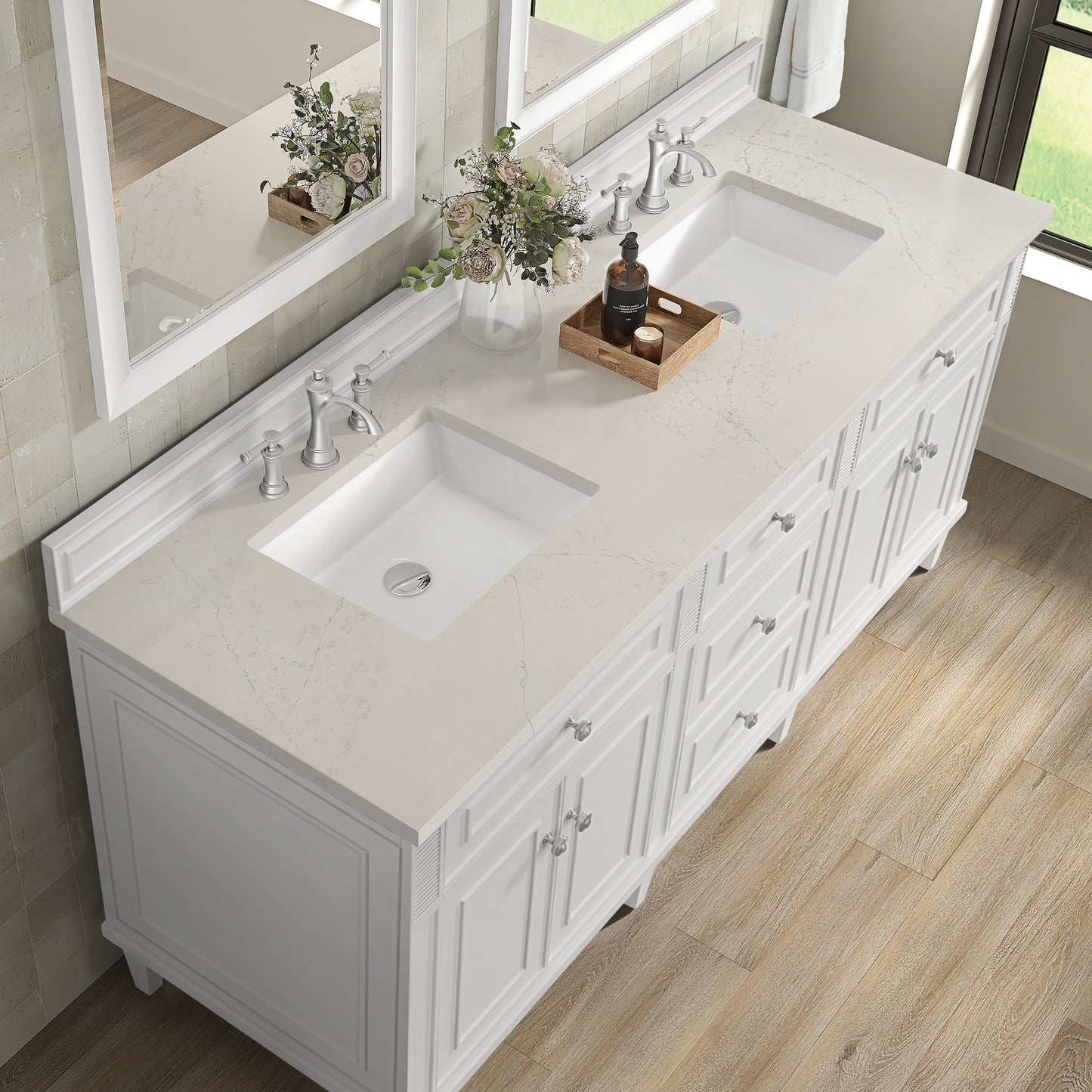Renovate for Less Atlanta Lorelai 72" Double Vanity, Bright White, w/ 3 CM Siberian Silestone Top