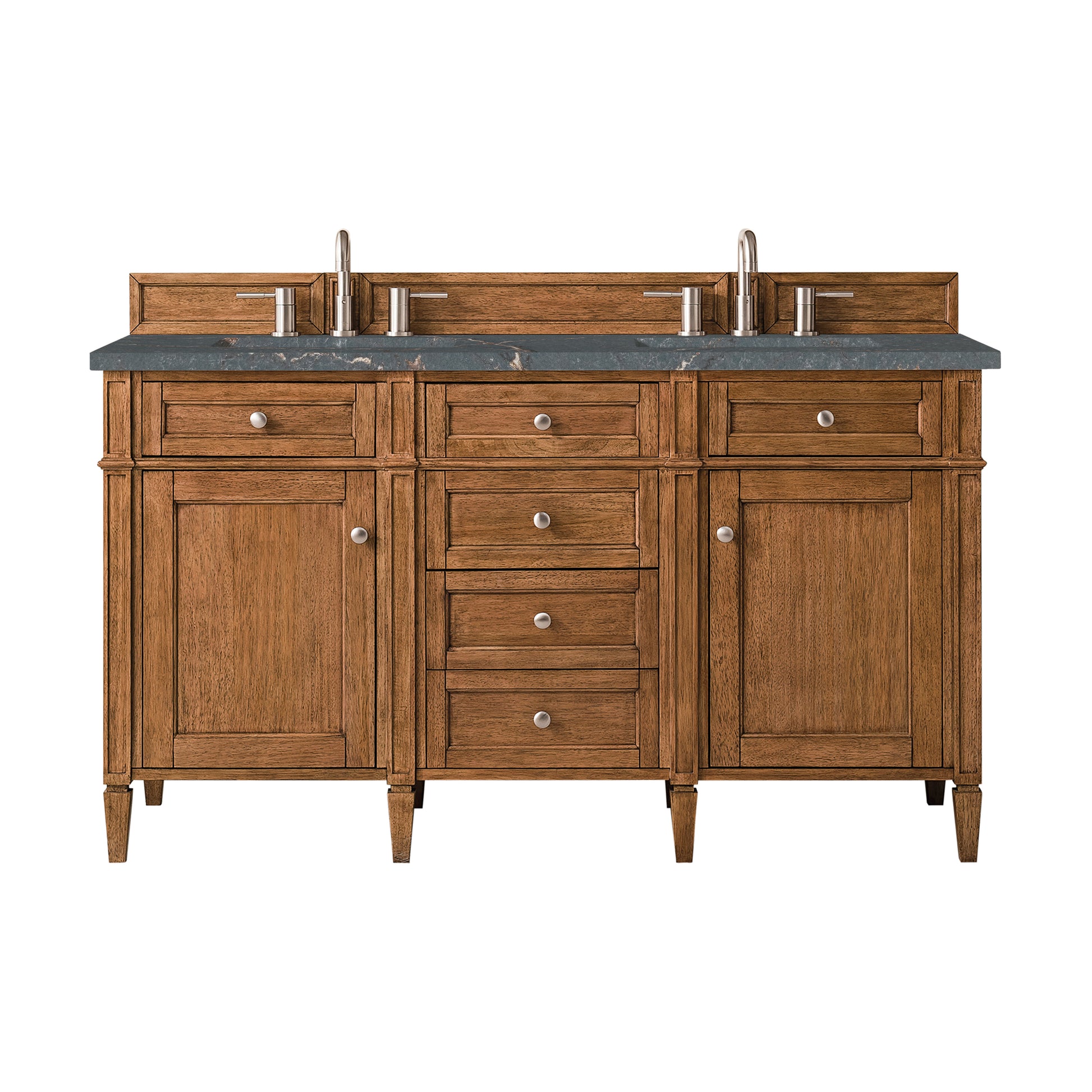 Renovate for Less Atlanta Brittany 60" Double Vanity, Saddle Brown w/ 3 CM Parisien Bleu Silestone Top w/FreePower Wireless Charger