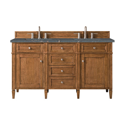 Renovate for Less Atlanta Brittany 60" Double Vanity, Saddle Brown w/ 3 CM Parisien Bleu Silestone Top w/FreePower Wireless Charger
