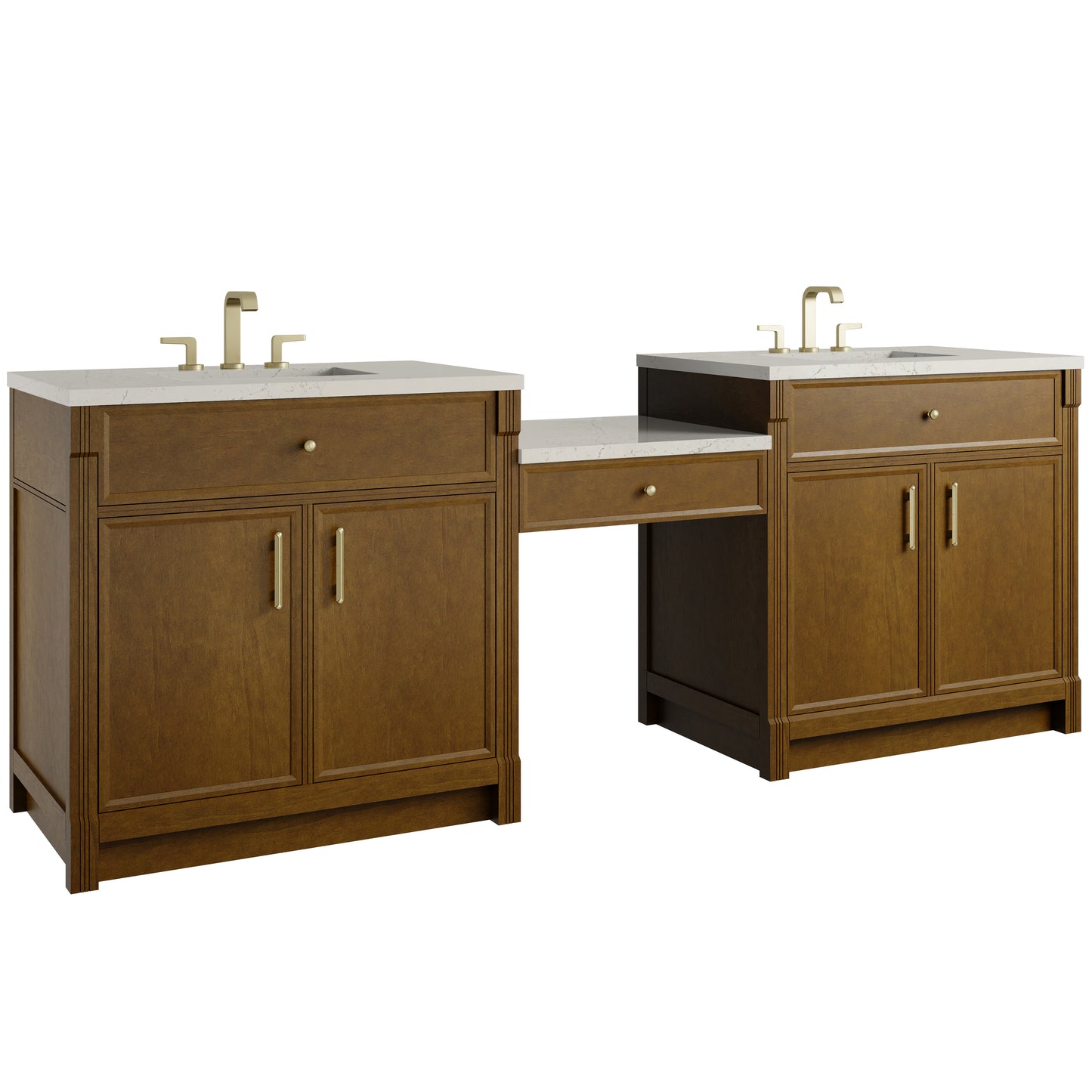 Renovate for Less Atlanta Bellshire 96" Dual Vanity Set with 24" Make-Up Counter, Honey Oak w/3 cm Siberian Silestone Top