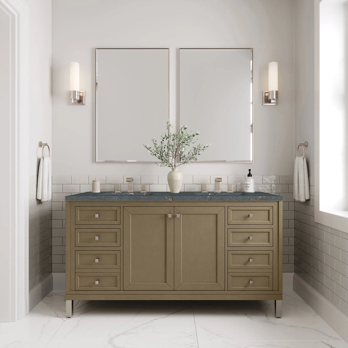 Chicago 60" Double Vanity, Walnut Whisper, w/ 3 CM Parisien Bleu Silestone® Top