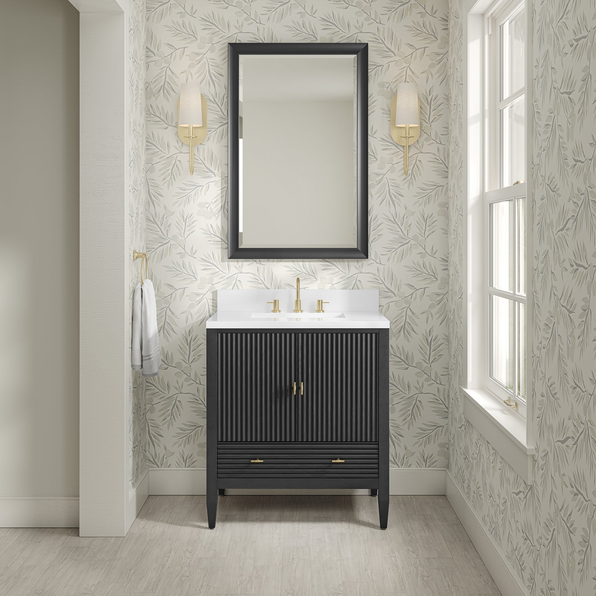 Renovate for Less Atlanta Myrrin 30" Single Vanity, Carbon Oak w/ 3 CM White Zeus Silestone Top