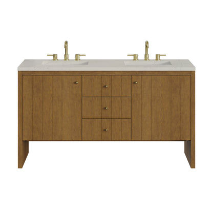Renovate for Less Atlanta Hudson 60" Double Vanity, Honey Oak w/ 3 CM Siberian Silestone Top w/FreePower Wireless Charger