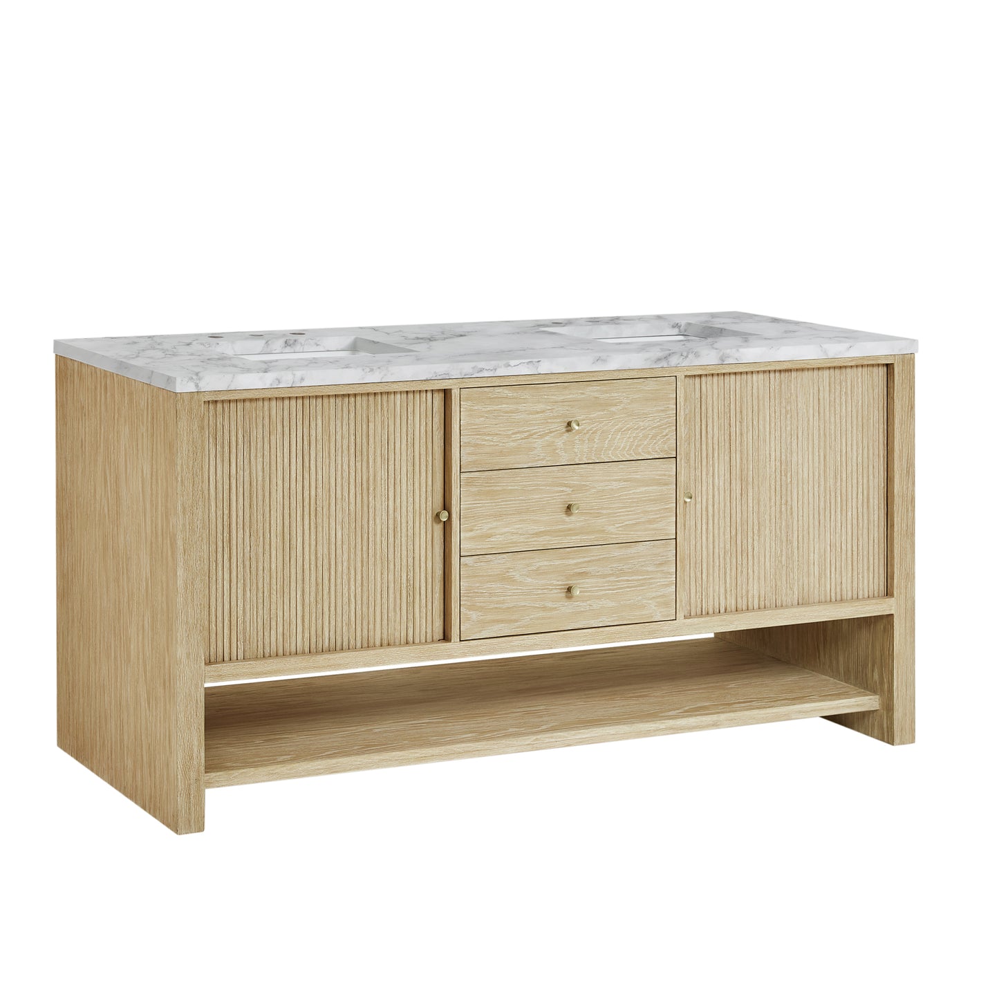Renovate for Less Atlanta Marigot 72" Double Vanity, Sunwashed Oak w/ 3 CM Carrara White Marble Top
