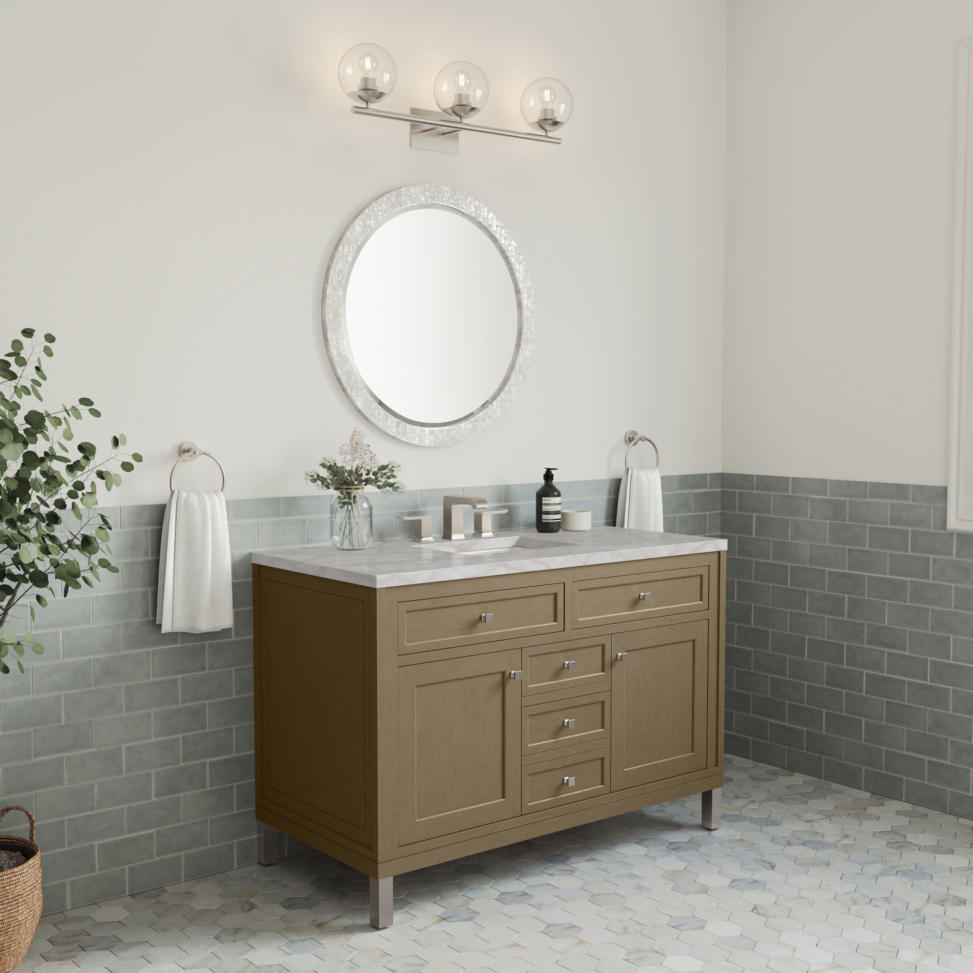 Renovate for Less Atlanta Chicago 48" Single Vanity, Walnut Whisper, w/ 3 CM Victorian Silver Silestone® Top