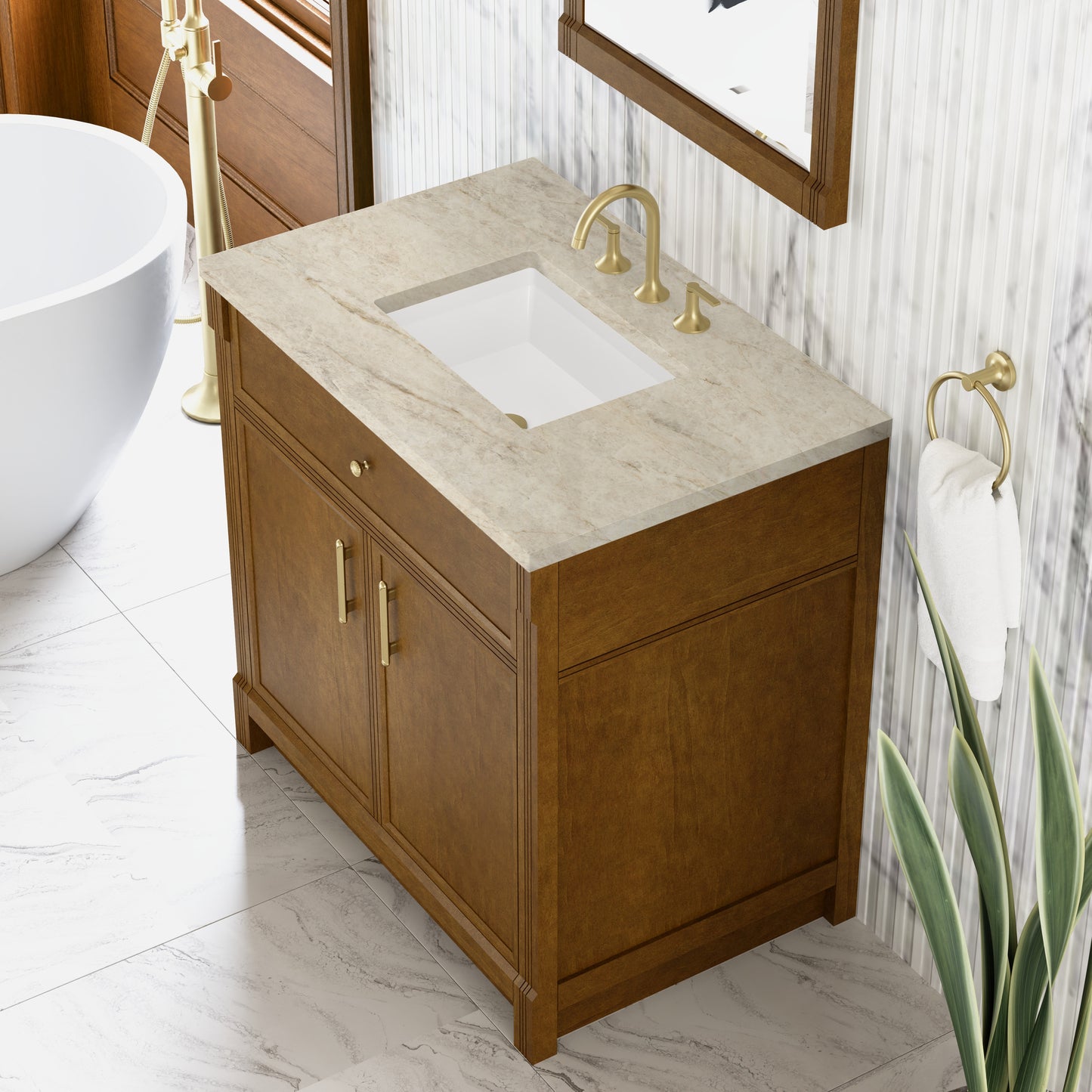 Renovate for Less Atlanta Bellshire 36" Single Vanity, Honey Oak w/ 3 CM Tajnar Eclos Top