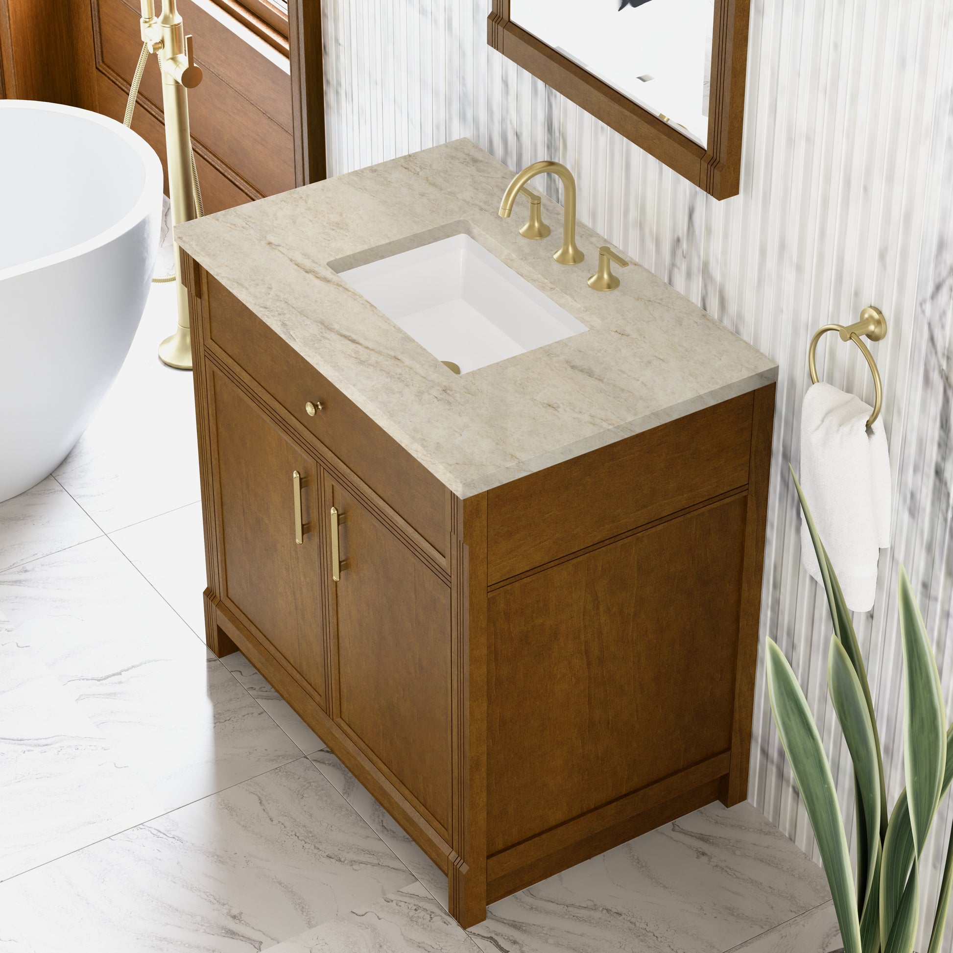 Renovate for Less Atlanta Bellshire 36" Single Vanity, Honey Oak w/ 3 CM Tajnar Eclos Top