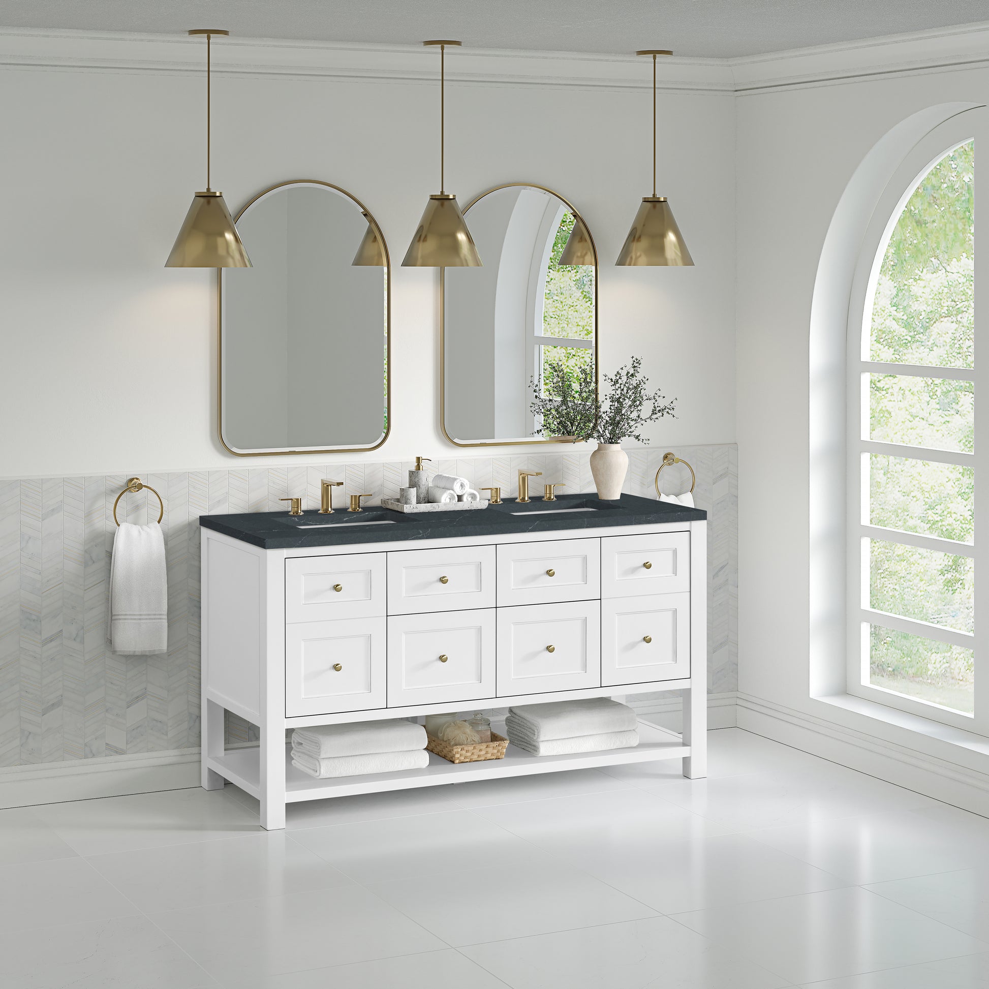 Renovate for Less Atlanta Breckenridge 60" Double Vanity, Bright White, w/ 3 CM Charcoal Soapstone Quartz Top