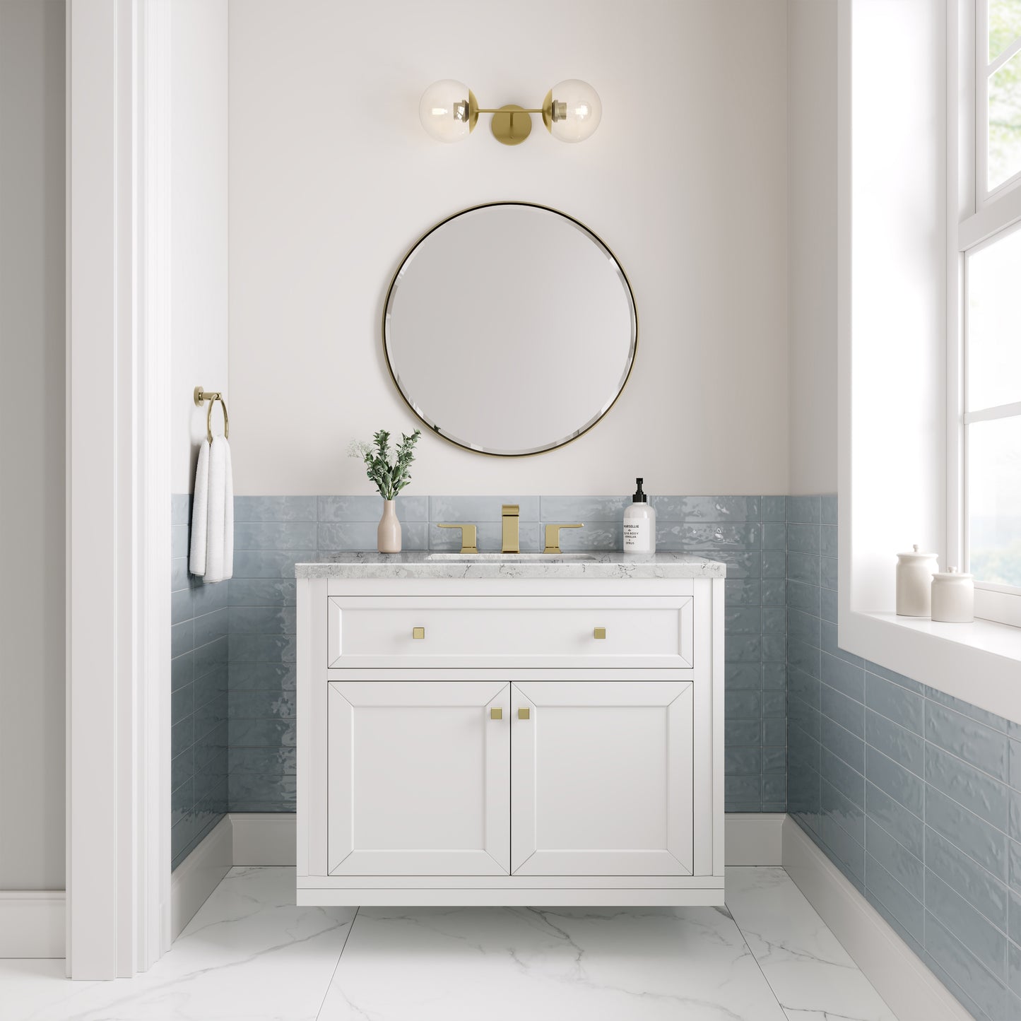 Renovate for Less Atlanta Chicago 36" Single Vanity, Glossy White, w/ 3 CM Eternal Jasmine Pearl Silestone® Top