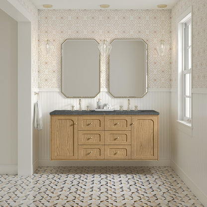 Renovate for Less Atlanta Laurent 60" Double Vanity, Light Natural Oak, w/ 3 CM Parisien Bleu Quartz Top w/FreePower Wireless Charger