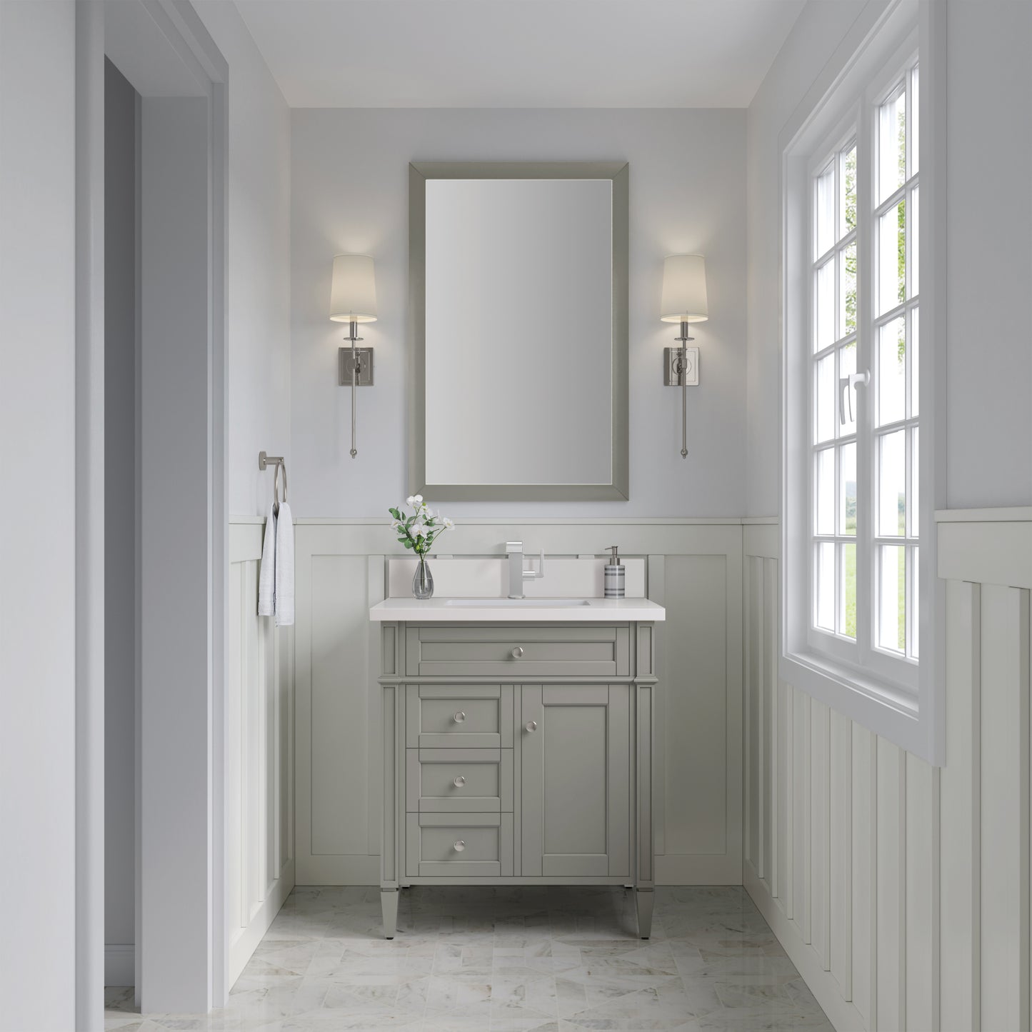 Renovate for Less Atlanta Brittany 30" Single Vanity, Urban Gray, w/ Single Hole 3 CM White Zeus Silestone Top & Backsplash