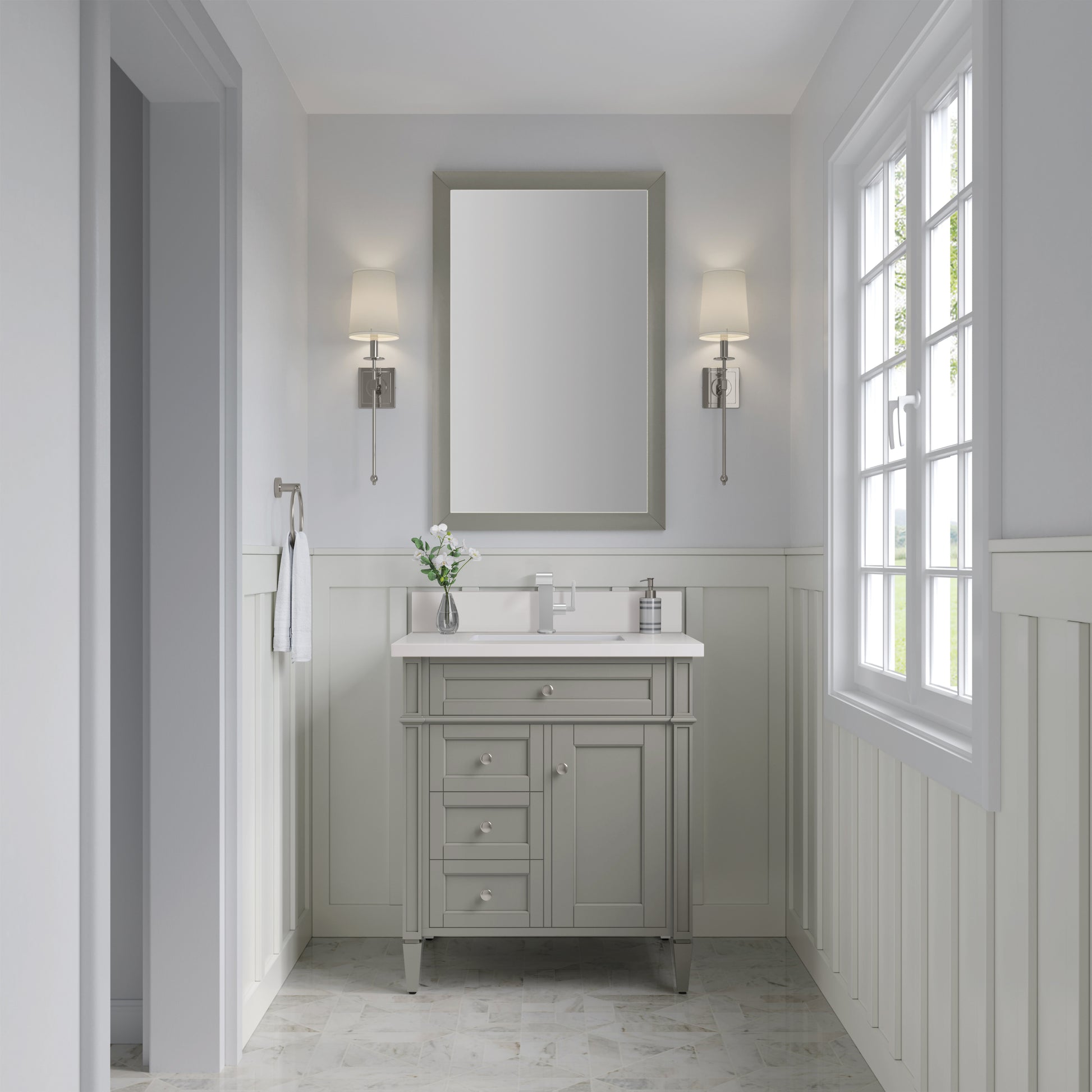 Renovate for Less Atlanta Brittany 30" Single Vanity, Urban Gray, w/ Single Hole 3 CM White Zeus Silestone Top & Backsplash
