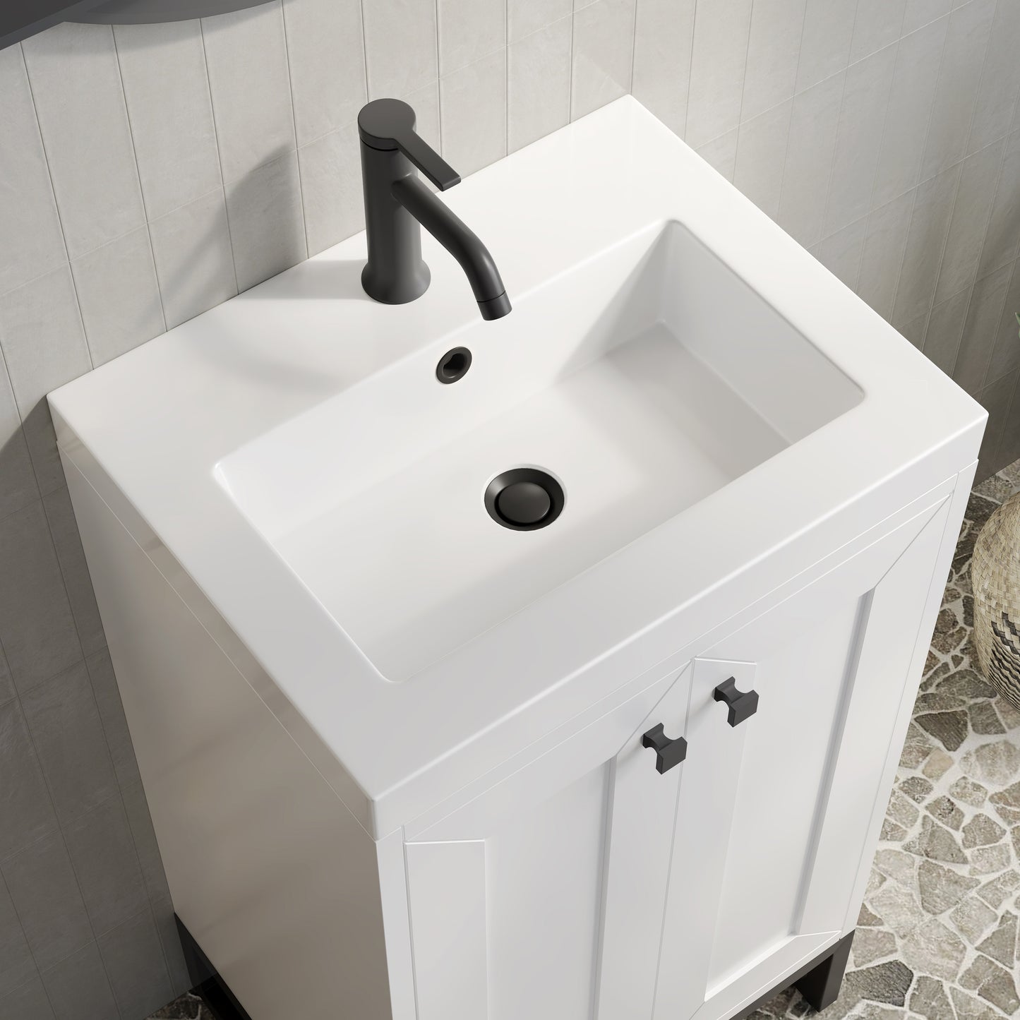 Renovate for Less Atlanta Chianti 20" Single Vanity, Glossy White, Matte Black, w/ White Glossy Composite Stone Top