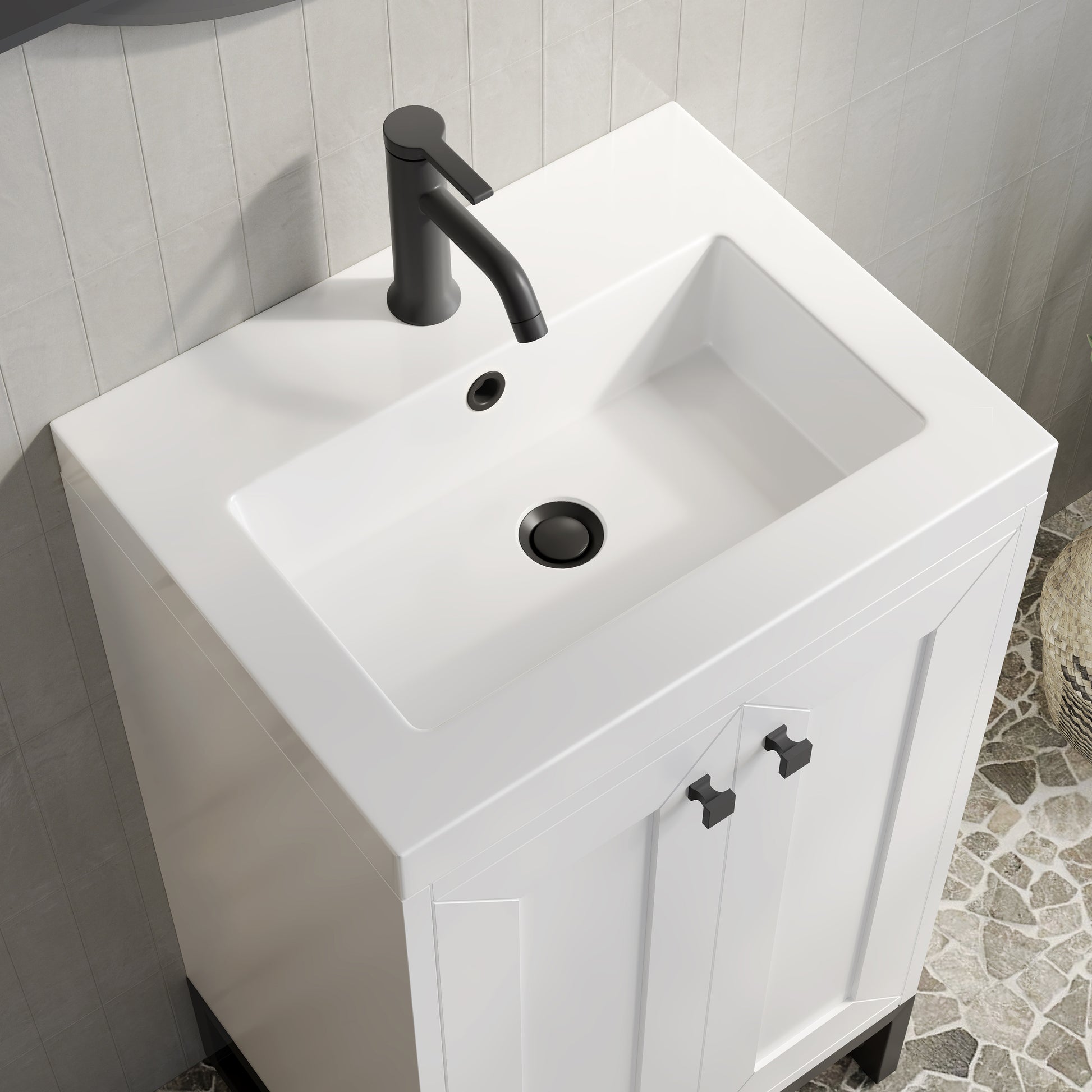 Renovate for Less Atlanta Chianti 20" Single Vanity, Glossy White, Matte Black, w/ White Glossy Composite Stone Top