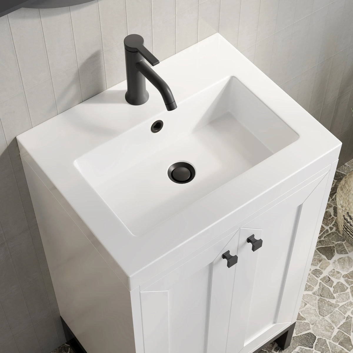 Chianti 20" Single Vanity, Glossy White, Matte Black, w/ White Glossy Composite Stone Top