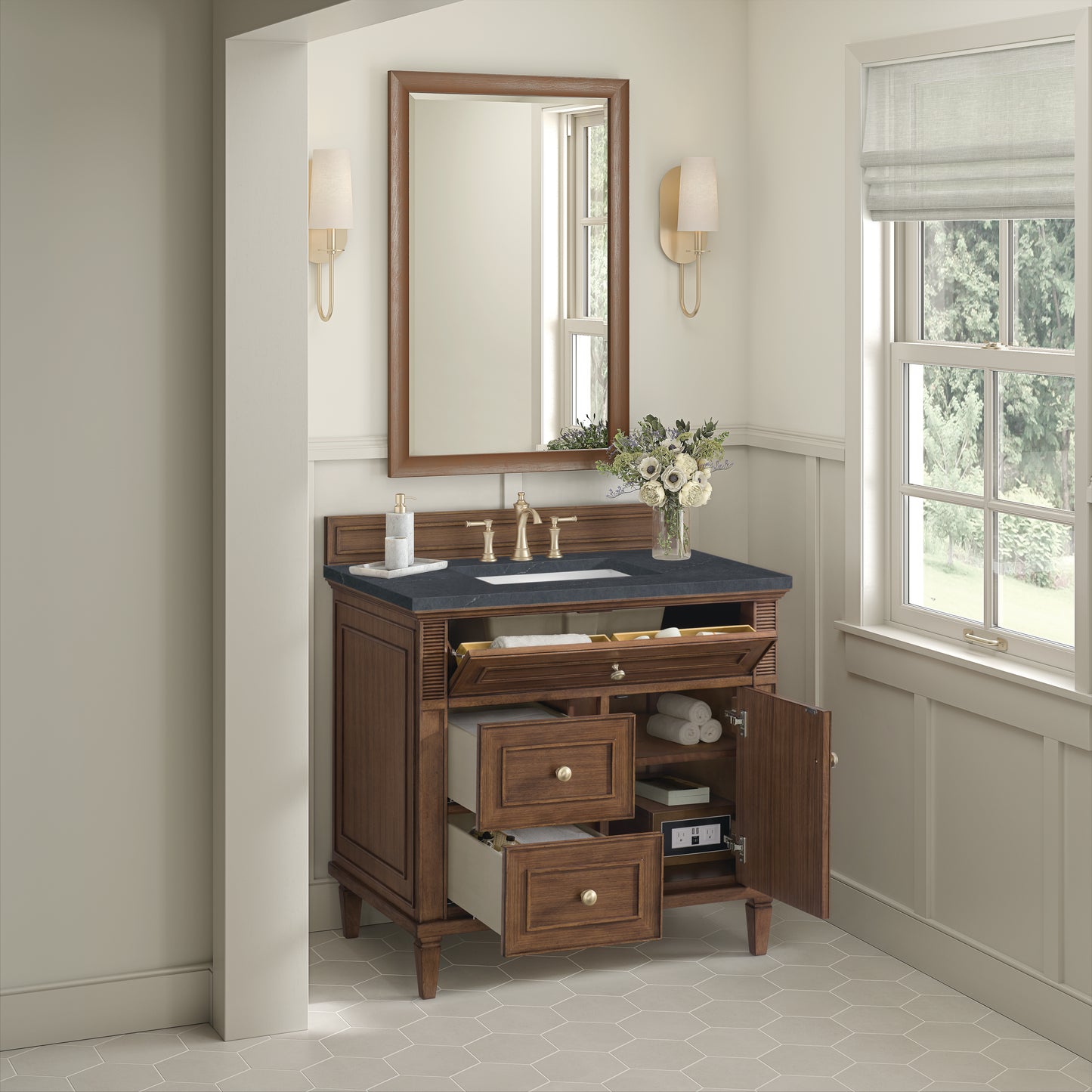 Renovate for Less Atlanta Lorelai 36" Single Vanity, Mid-Century Walnut w/ 3 CM Charcoal Soapstone Silestone Top