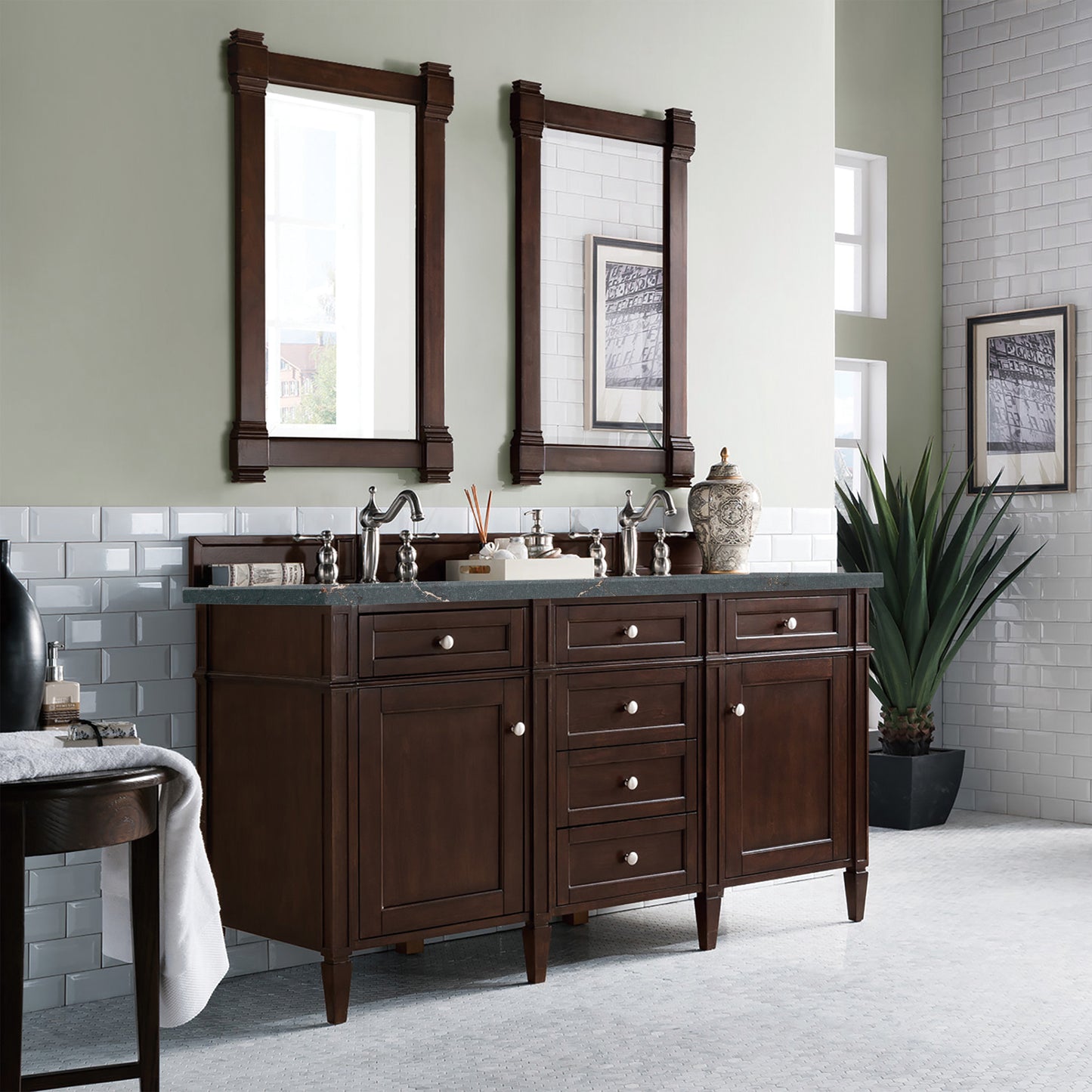 Renovate for Less Atlanta Brittany 60" Double Vanity, Burnished Mahogany w/ 3 CM Parisien Bleu Silestone Top w/FreePower Wireless Charger