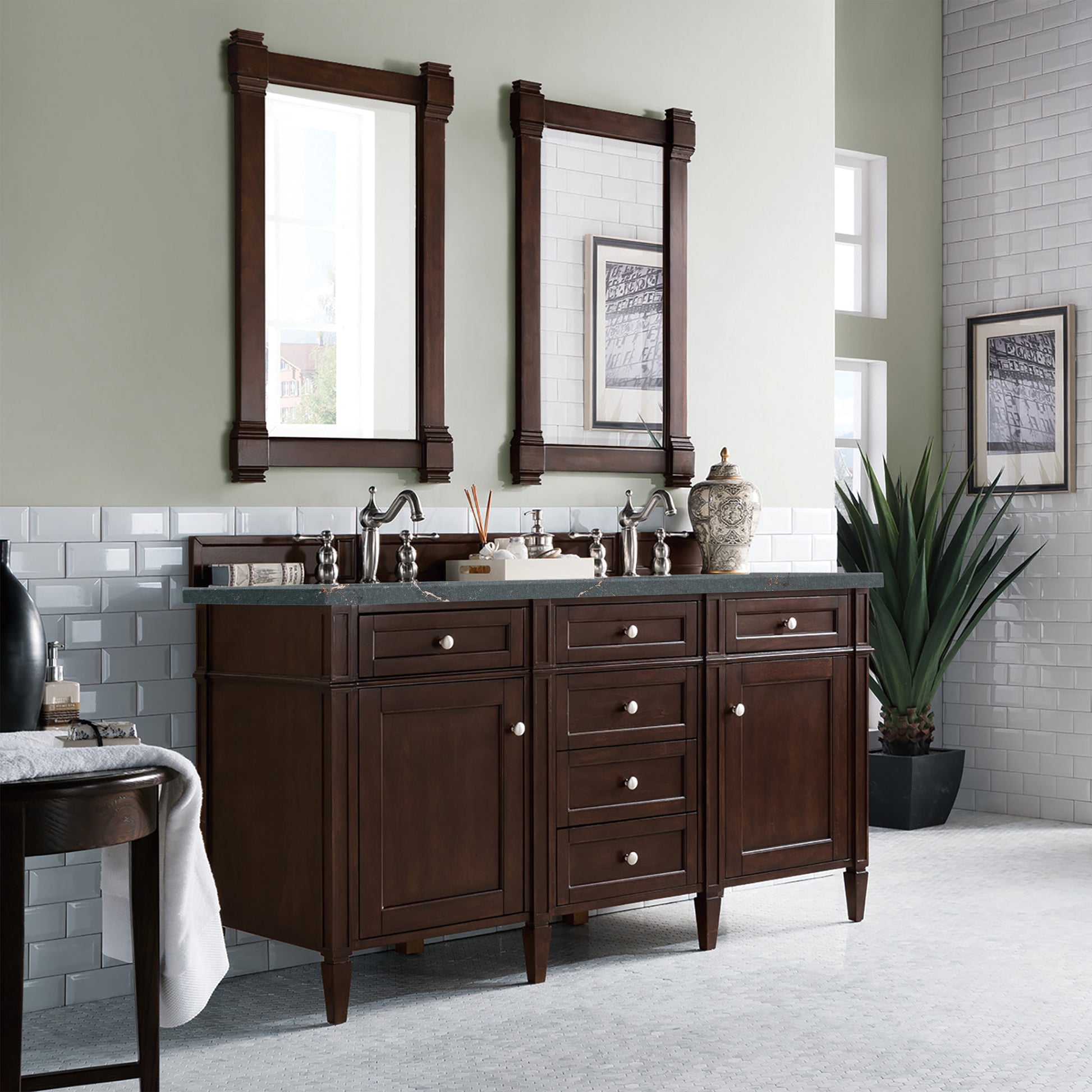 Renovate for Less Atlanta Brittany 60" Double Vanity, Burnished Mahogany w/ 3 CM Parisien Bleu Silestone Top w/FreePower Wireless Charger