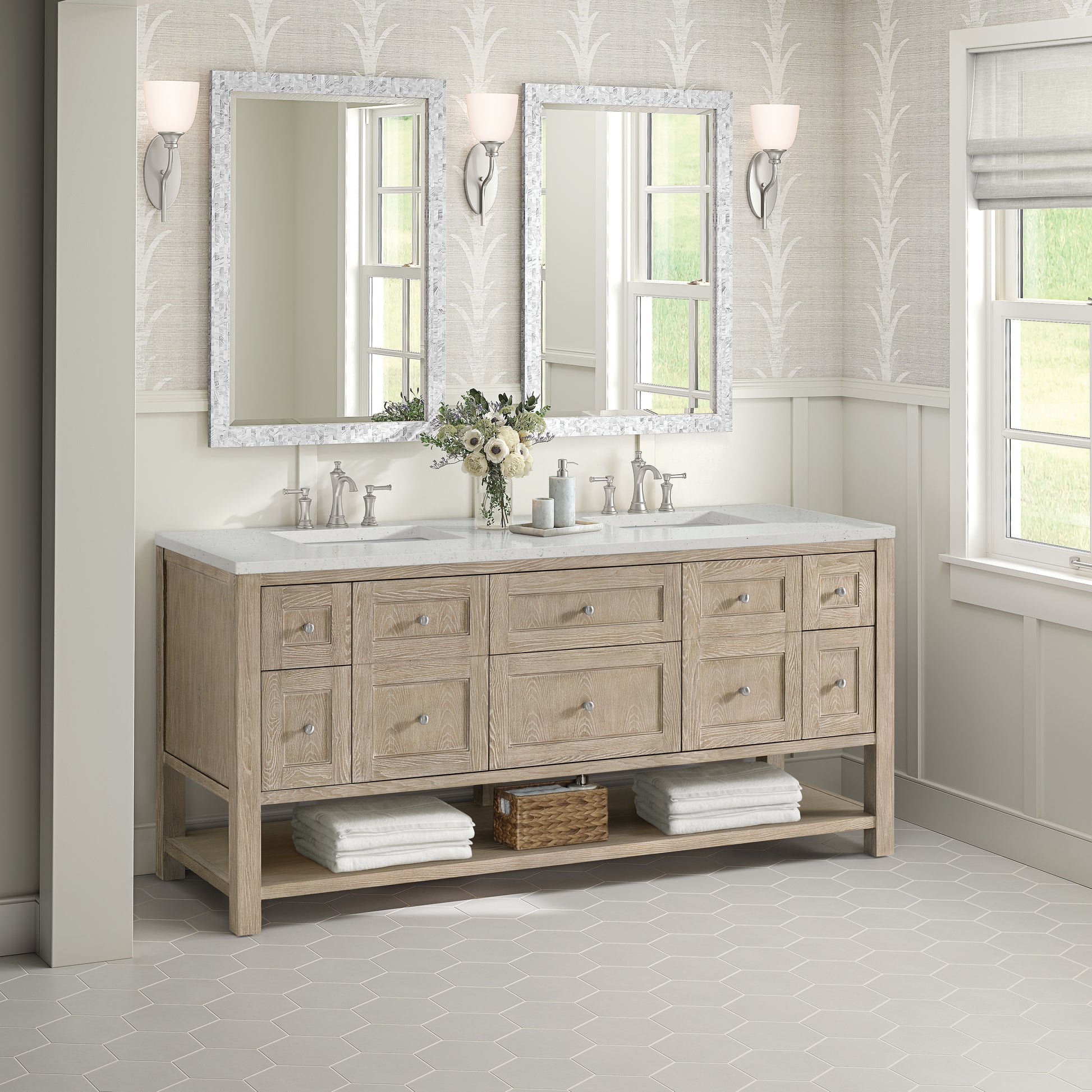 Renovate for Less Atlanta Breckenridge 72" Double Vanity, Whitewashed Oak w/ 3 CM Lime Delight Silestone Top