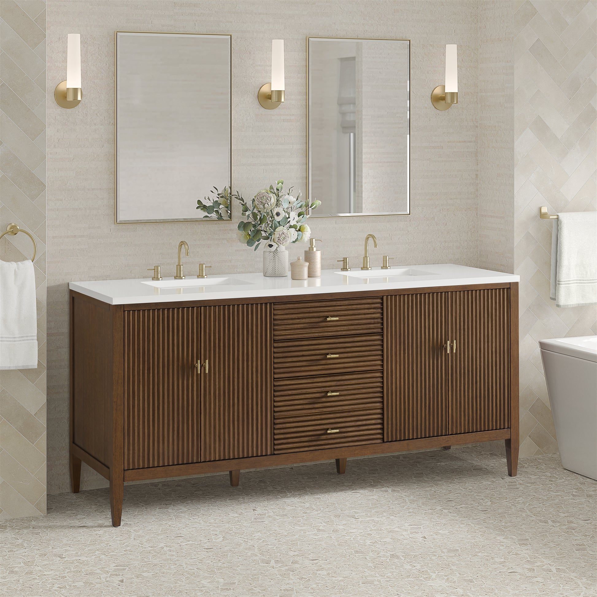 Renovate for Less Atlanta Myrrin 72" Double Vanity, Mid Century Walnut w/ 3 CM White Zeus Silestone Top