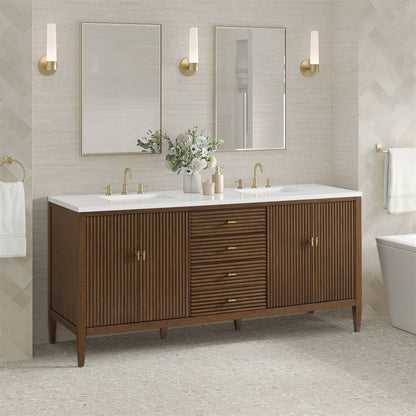 Renovate for Less Atlanta Myrrin 72" Double Vanity, Mid Century Walnut w/ 3 CM White Zeus Silestone Top