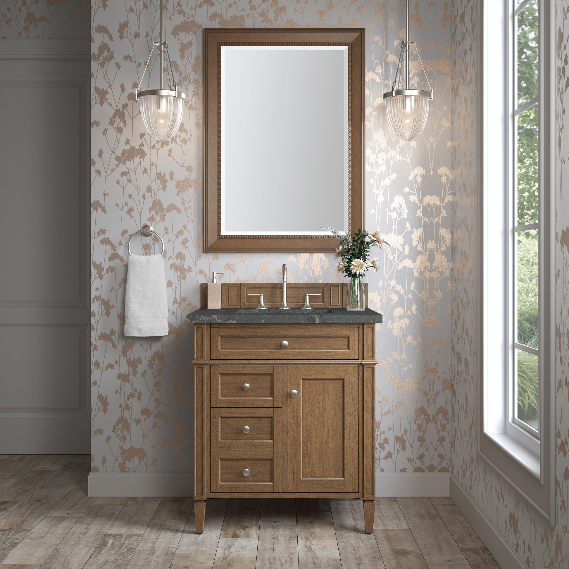 Renovate for Less Atlanta Brittany 30" Single Vanity, Saddle Brown, w/ 3 CM Parisien Bleu Silestone Top