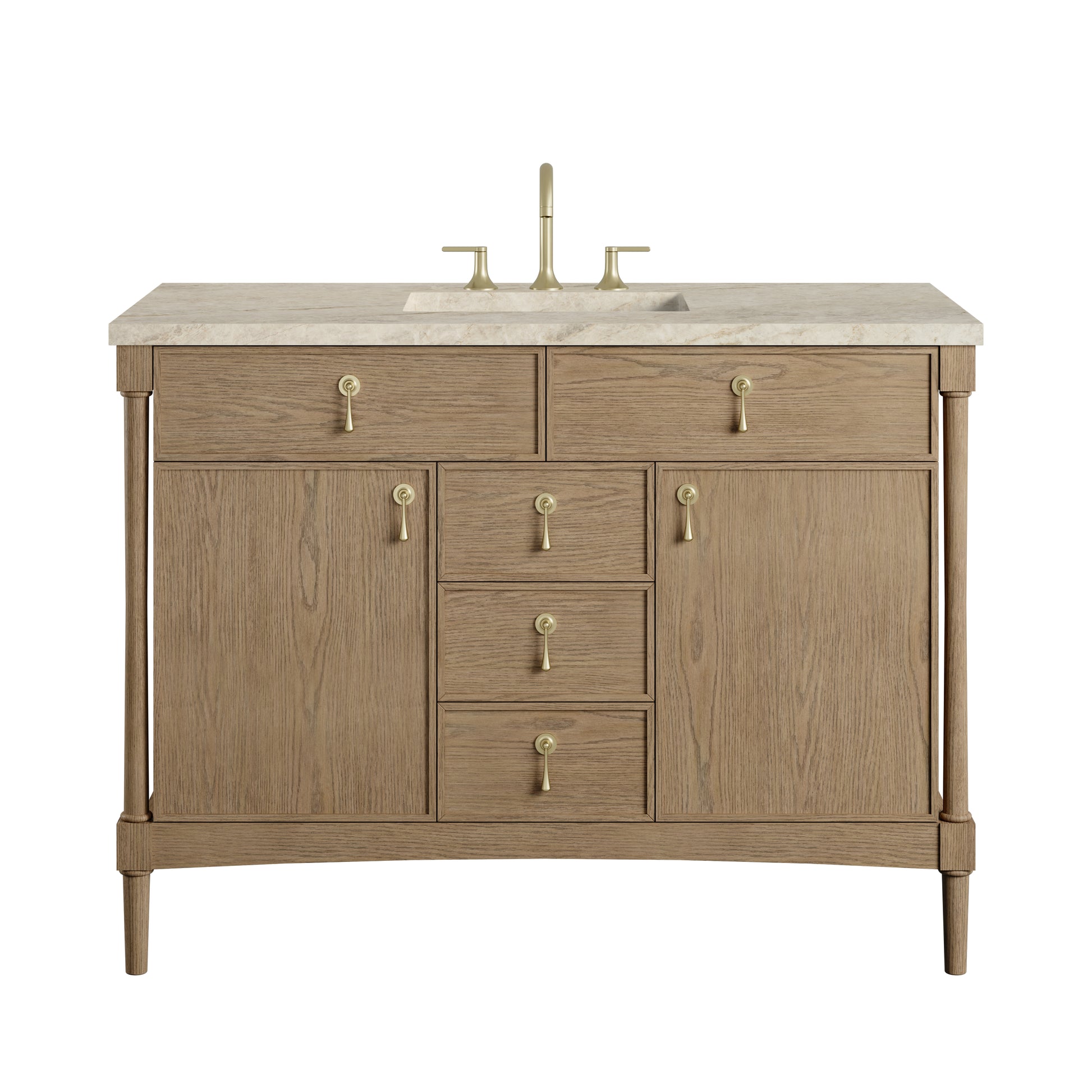 Renovate for Less Atlanta Kinnsden 48" Single Vanity, Weathered Oak w/ 3 CM Tajnar Eclos Top w/FreePower Wireless Charger