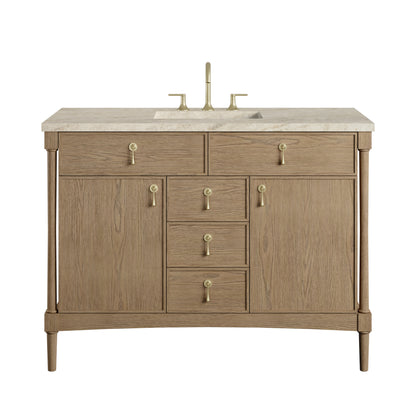 Renovate for Less Atlanta Kinnsden 48" Single Vanity, Weathered Oak w/ 3 CM Tajnar Eclos Top w/FreePower Wireless Charger