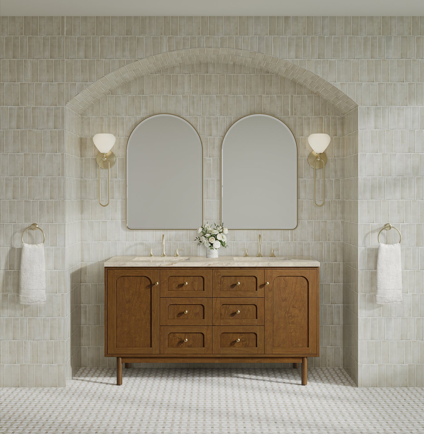 Renovate for Less Atlanta Laurent 60" Double Vanity, Honey Oak w/ 3 CM Tajnar Eclos Top w/FreePower Wireless Charger