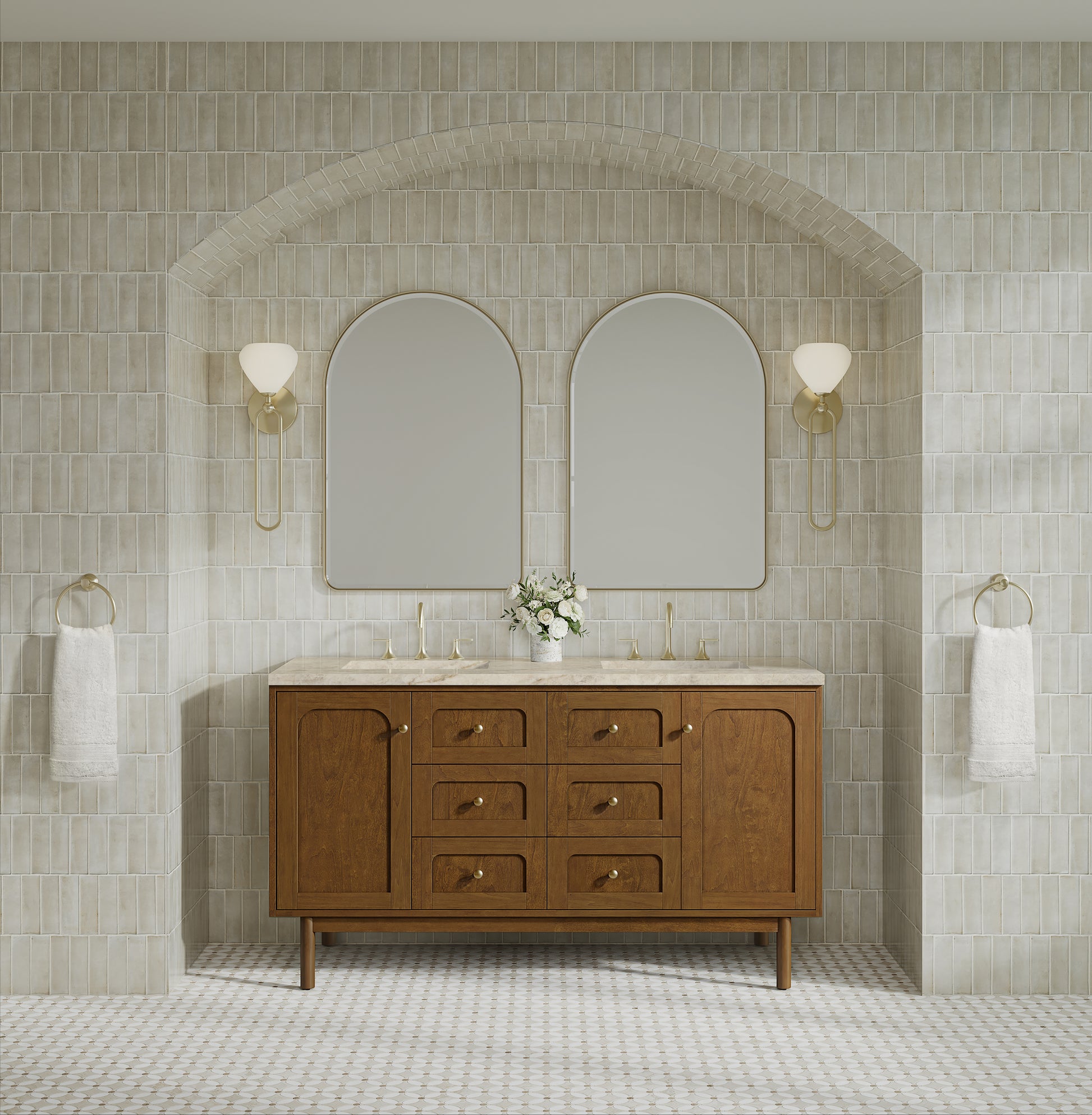 Renovate for Less Atlanta Laurent 60" Double Vanity, Honey Oak w/ 3 CM Tajnar Eclos Top w/FreePower Wireless Charger