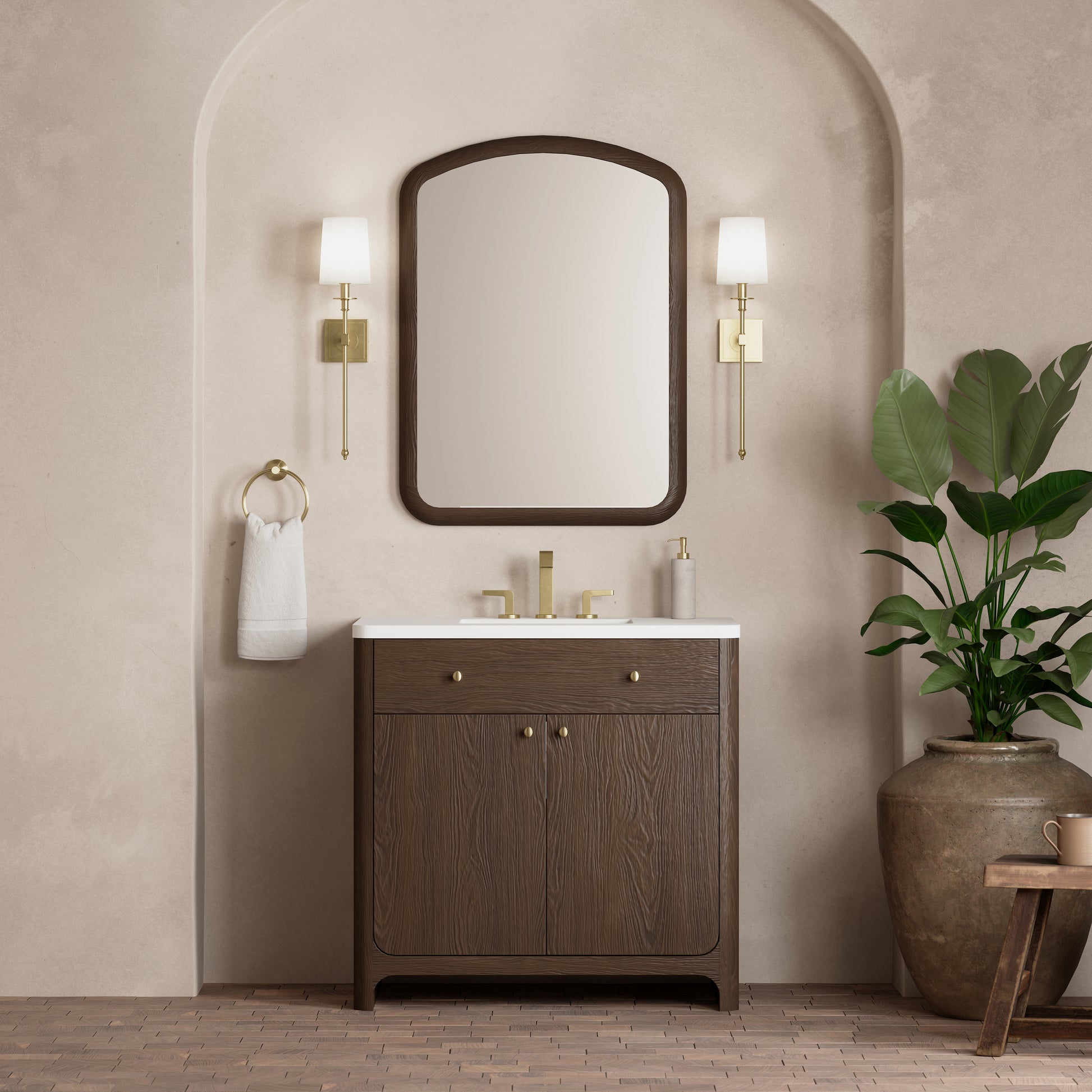Renovate for Less Atlanta Gracyn 36" Single Vanity, Sable, w/ 3 CM White Zeus Quartz Widespread Top