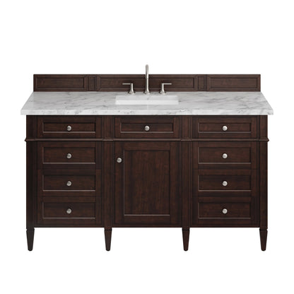Brittany 60" Single Vanity, Burnished Mahogany w/ 3 CM Carrara Marble Top