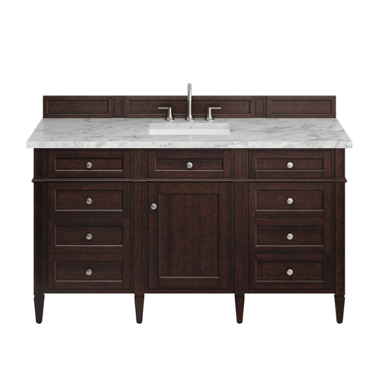 Brittany 60" Single Vanity, Burnished Mahogany w/ 3 CM Carrara Marble Top