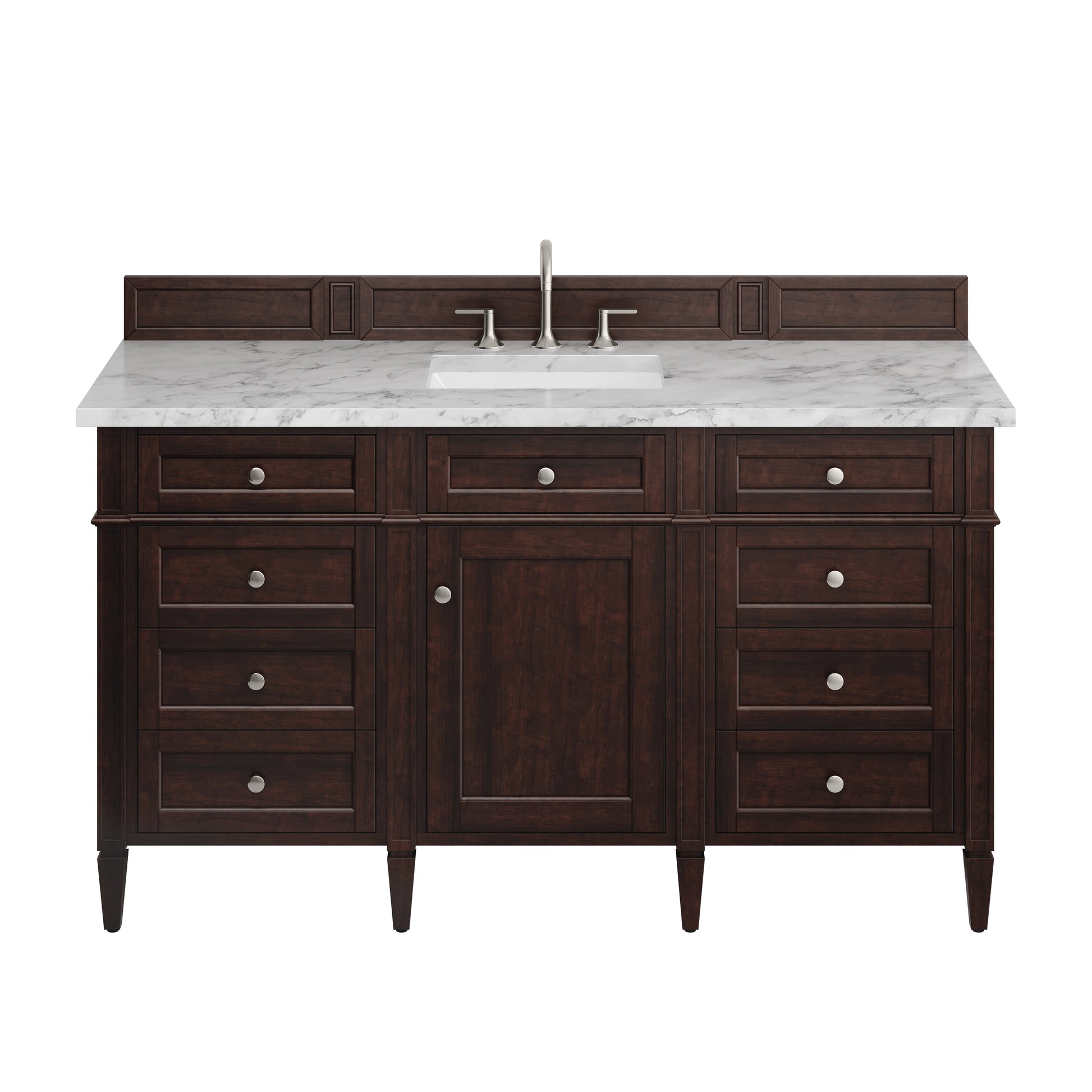 Renovate for Less Atlanta Brittany 60" Single Vanity, Burnished Mahogany w/ 3 CM Carrara Marble Top