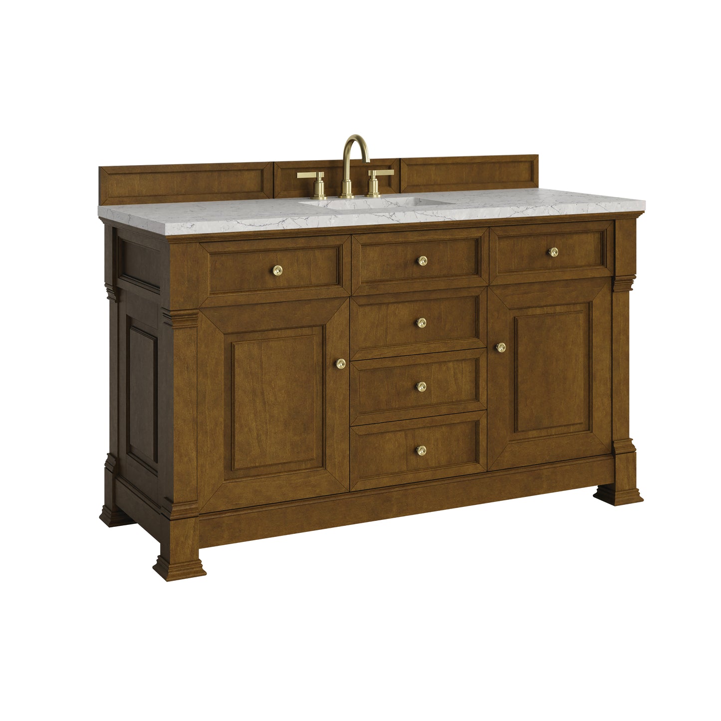 Renovate for Less Atlanta Brookfield 60" Single Vanity, Honey Oak w/3 CM Eternal Jasmine Pearl Silestone Top w/ FreePower Wireless Charger