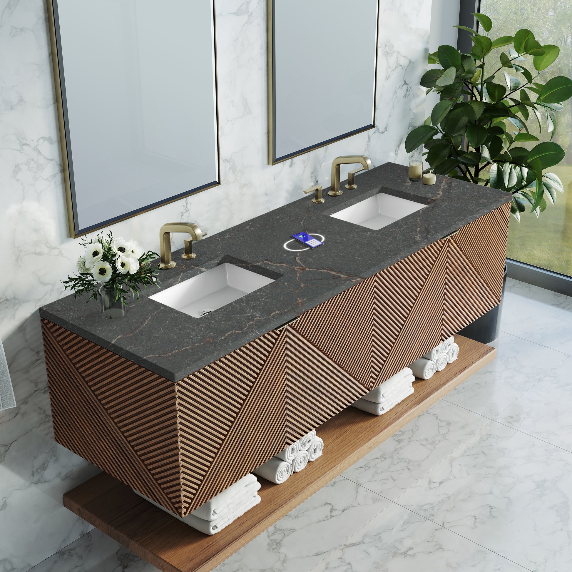 Renovate for Less Atlanta Marcello 72" Double Vanity, Chestnut w/ 3 CM Parisien Bleu Top w/FreePower Wireless Charger