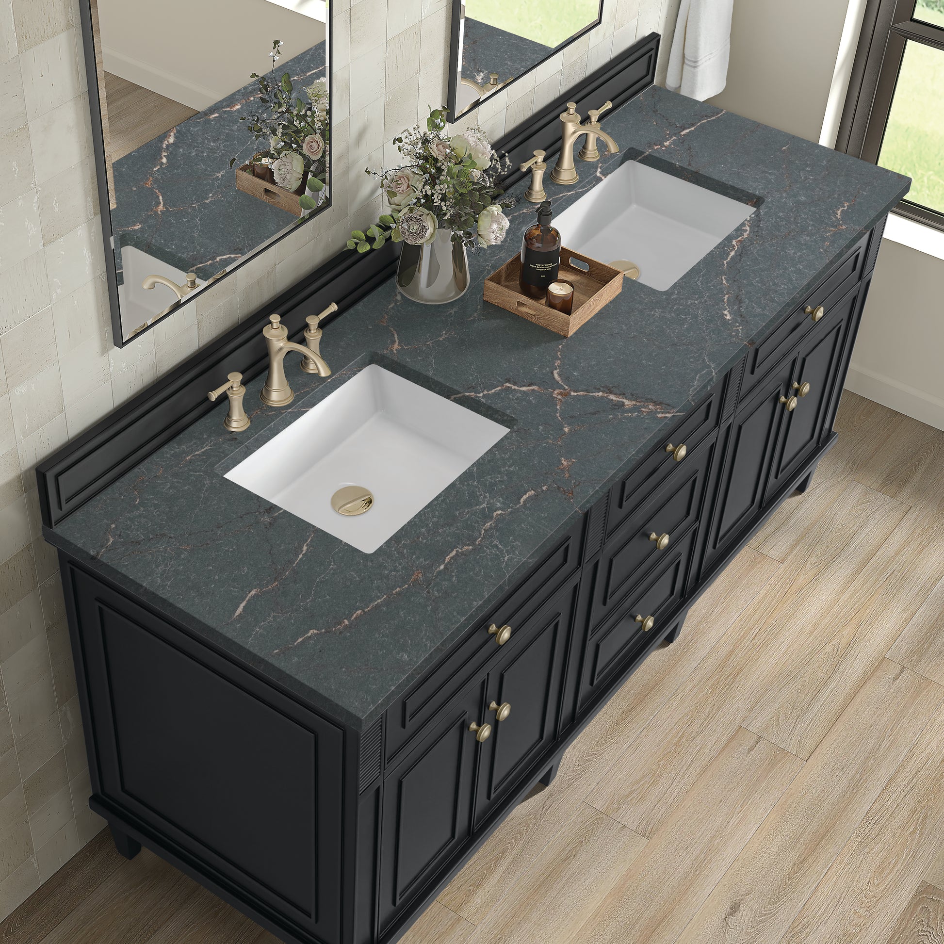 Renovate for Less Atlanta Lorelai 72" Double Vanity, Black Onyx w/ 3 CM Parisien Bleu Silestone Top